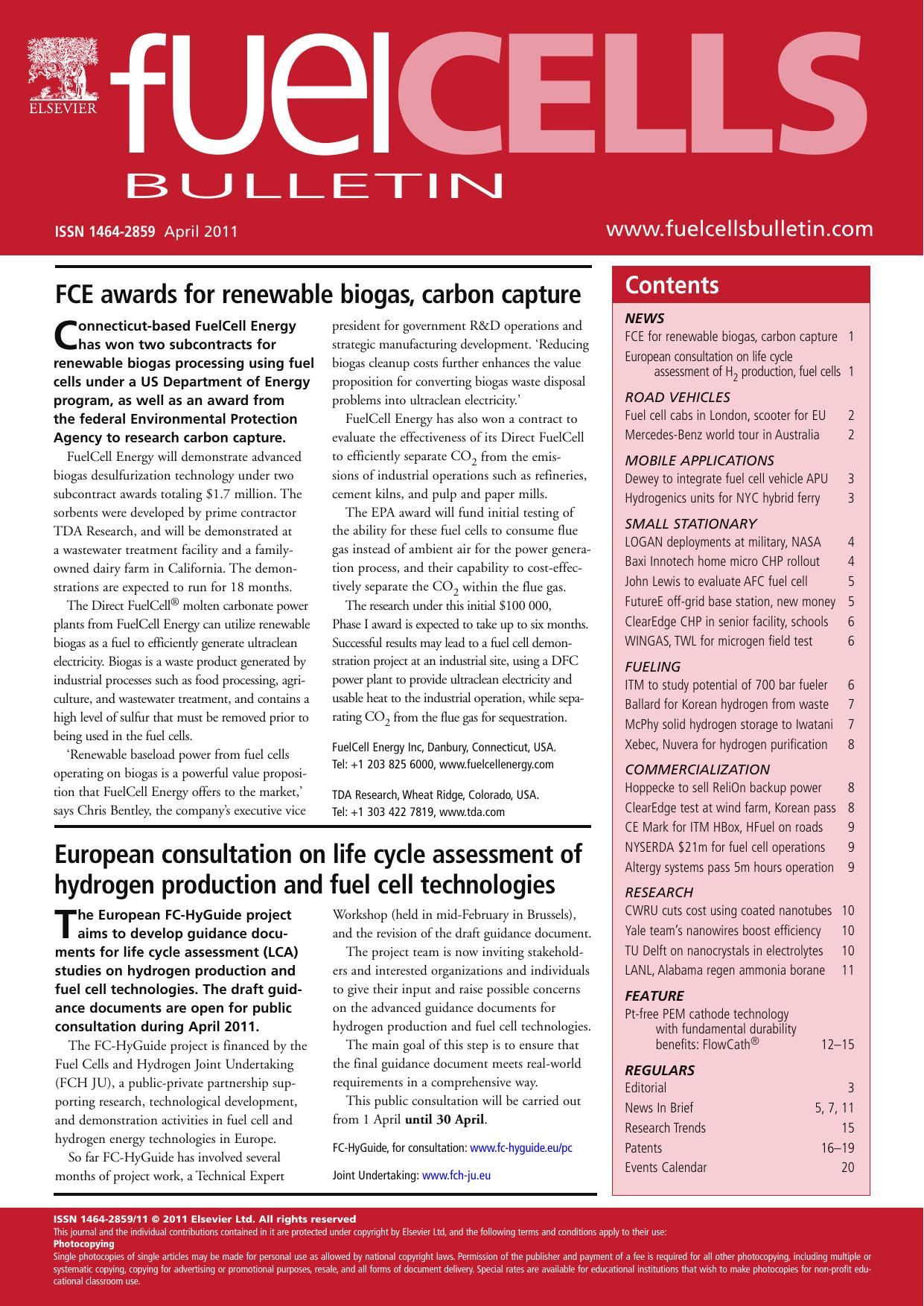 European consultation on life cycle assessment of hydrogen production and fuel cell technologies by Unknown