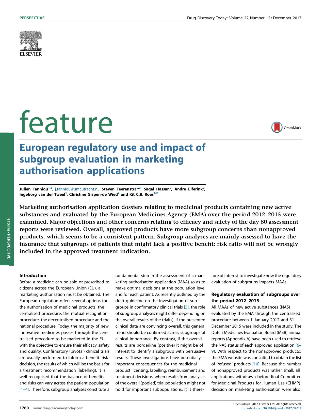 European regulatory use and impact of subgroup evaluation in marketing authorisation applications by unknow