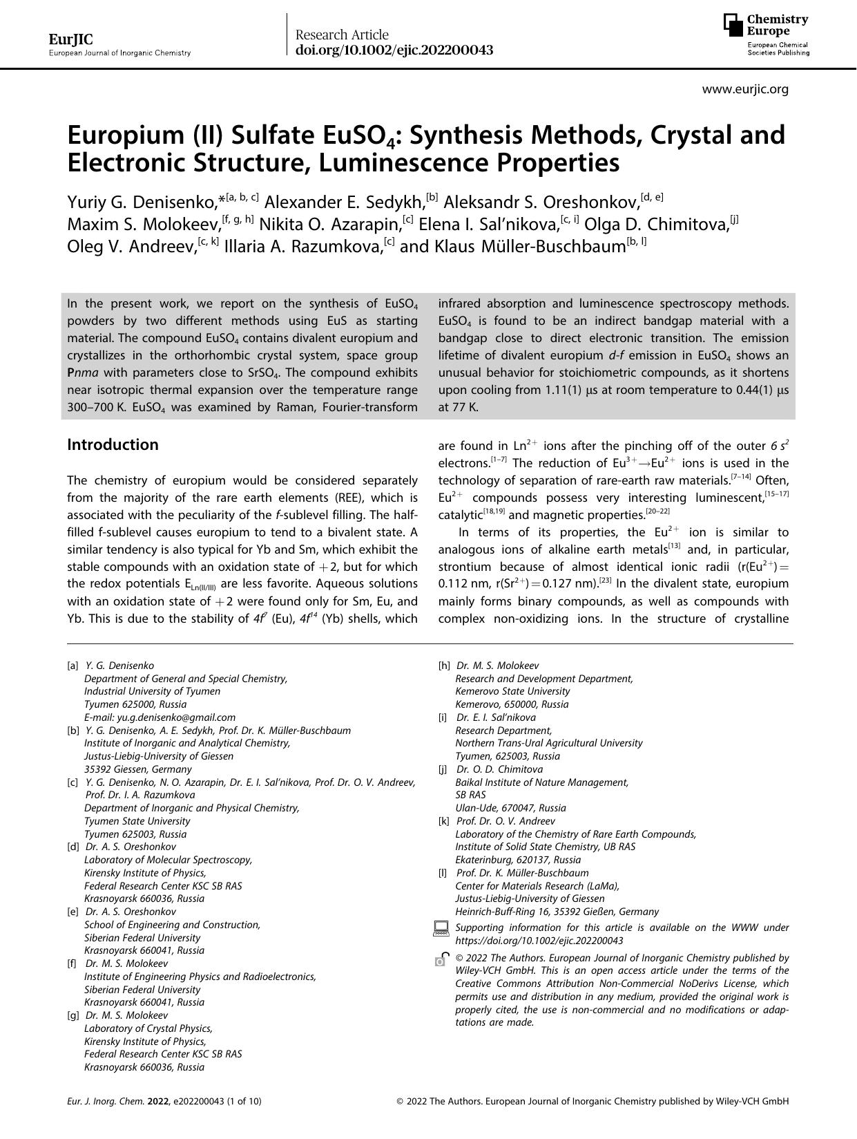 Europium (II) Sulfate EuSO4: Synthesis Methods, Crystal and Electronic Structure, Luminescence Properties by Unknown