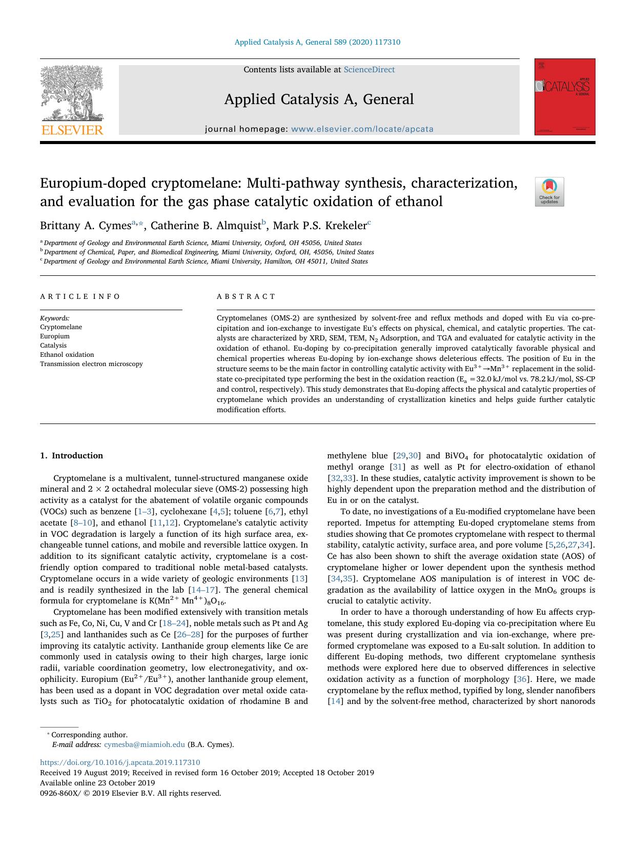 Europium-doped cryptomelane_ Multi-pathway synthesis, characterization, and evaluation for the gas phase catalytic oxidation of ethanol by Brittany A. Cymes & Catherine B. Almquist & Mark P.S. Krekeler
