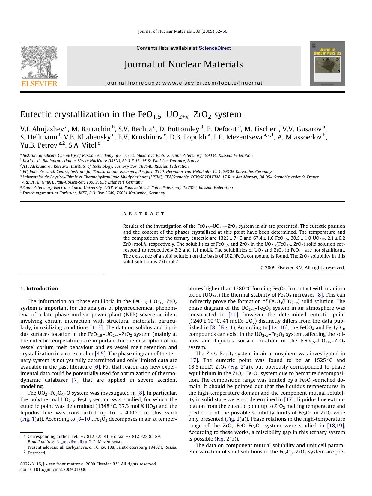 Eutectic crystallization in the FeO1.5âUO2+xâZrO2 system by unknow