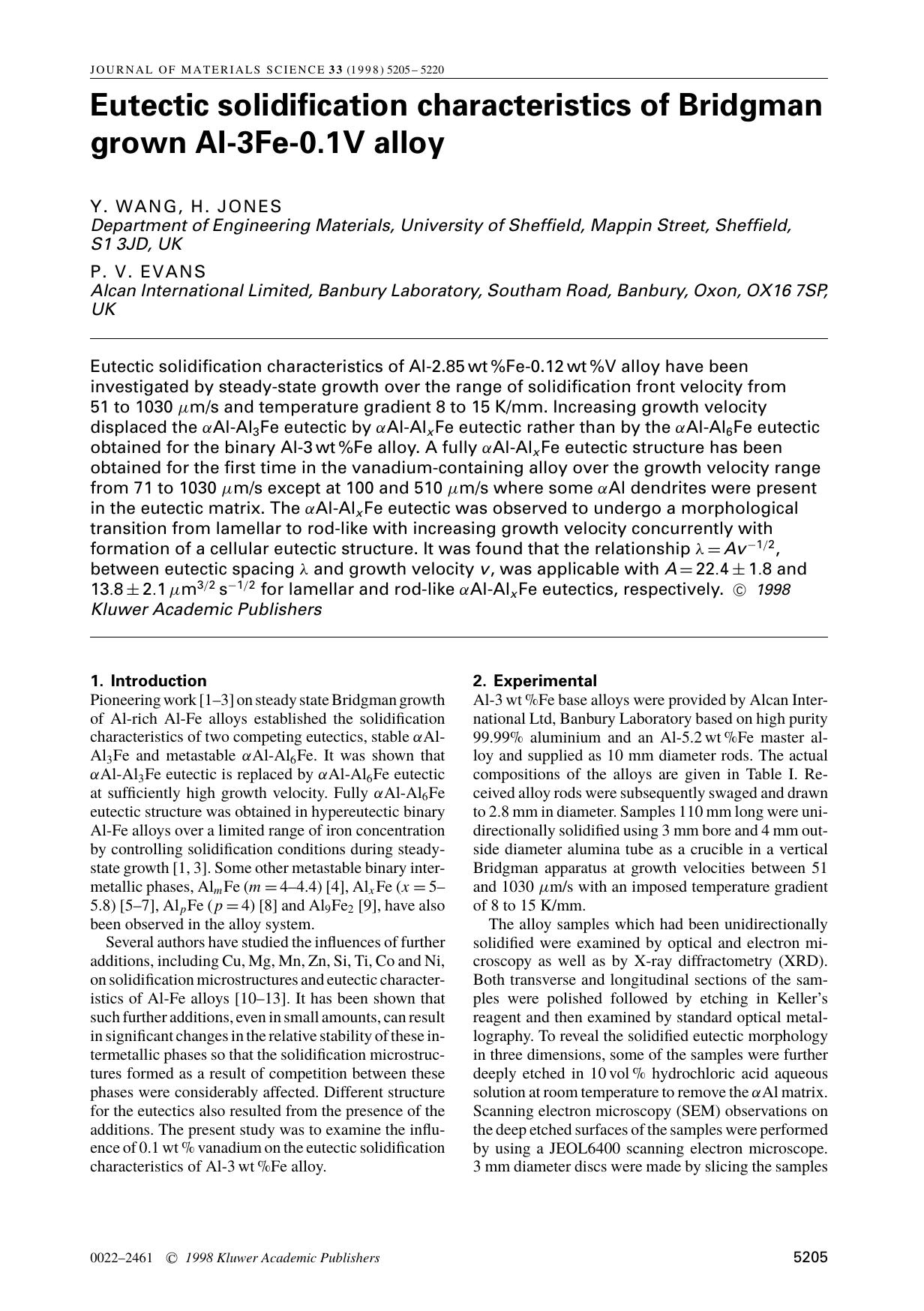 Eutectic solidification characteristics of Bridgman grown AI-3Fe-0.1V alloy by Unknown