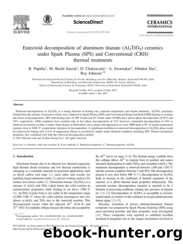 Eutectoid decomposition of aluminum titanate (Al2TiO5) ceramics under Spark Plasma (SPS) and Conventional (CRH) thermal treatments by R. Papitha & M. Buchi Suresh & D. Chakravarty & A. Swarnakar & Dibakar Das & Roy Johnson