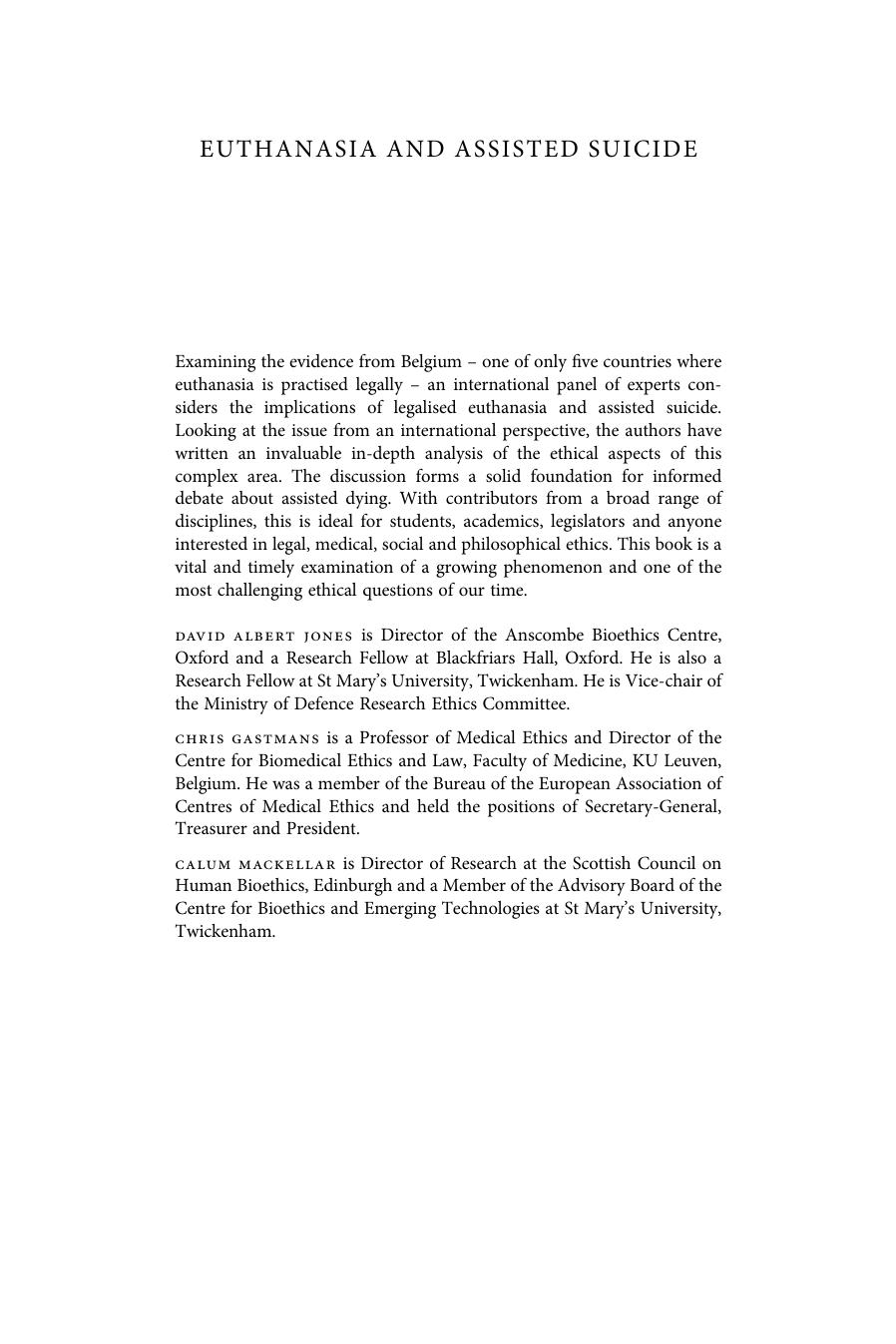 Euthanasia and Assisted Suicide: Lessons from Belgium by David Albert Jones; Chris Gastmans; Calum MacKellar (eds.)