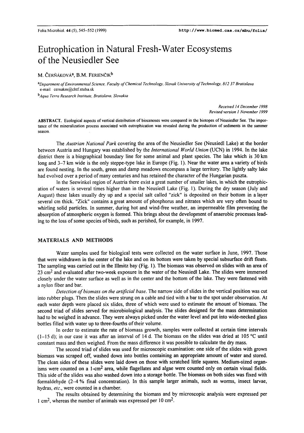 Eutrophication in natural fresh-water ecosystems of the Neusiedler See by Unknown