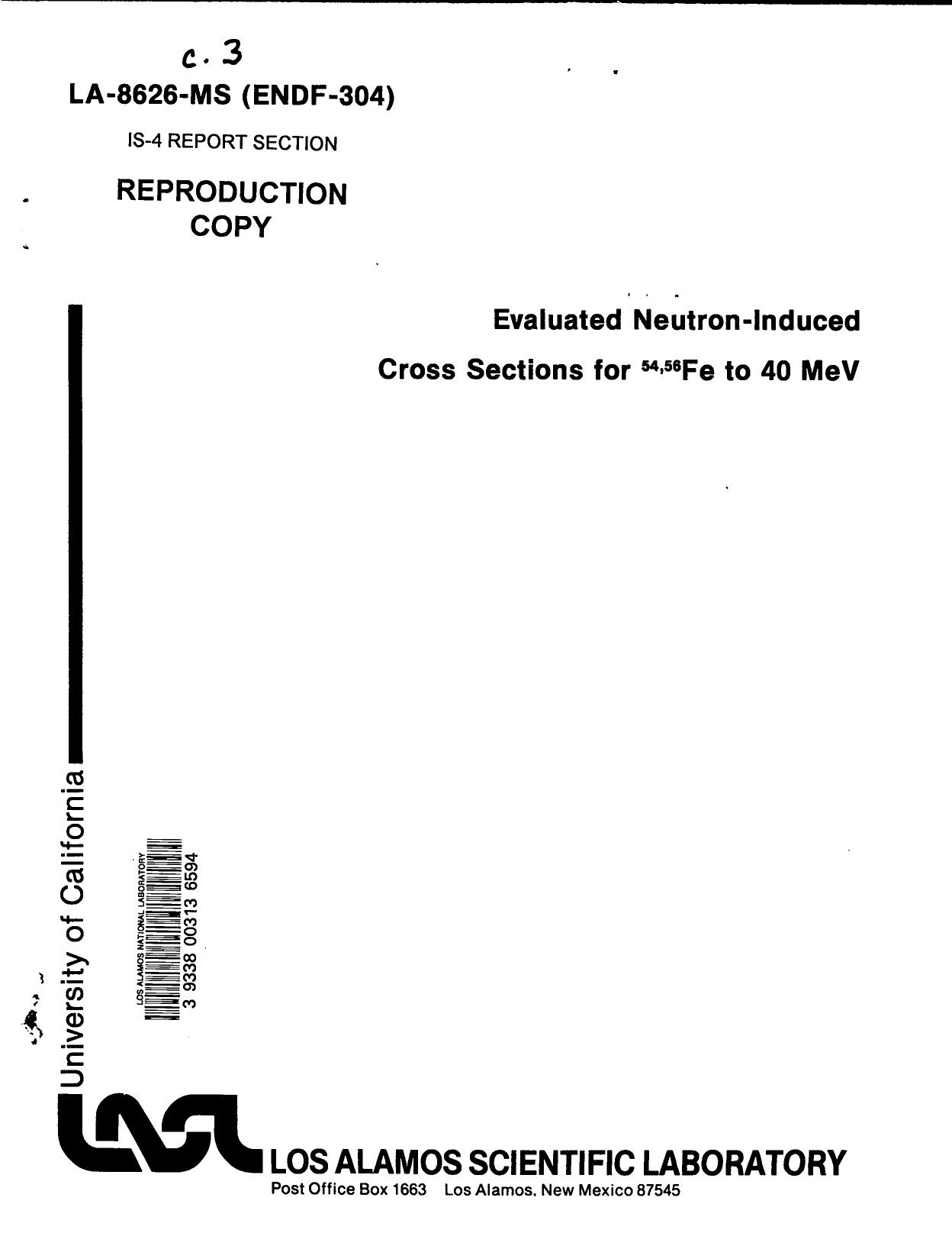 Evaluated neutron-induced cross sections for [sup 54,56]Fe to 40 MeV None by LANL Research Library LWW Project