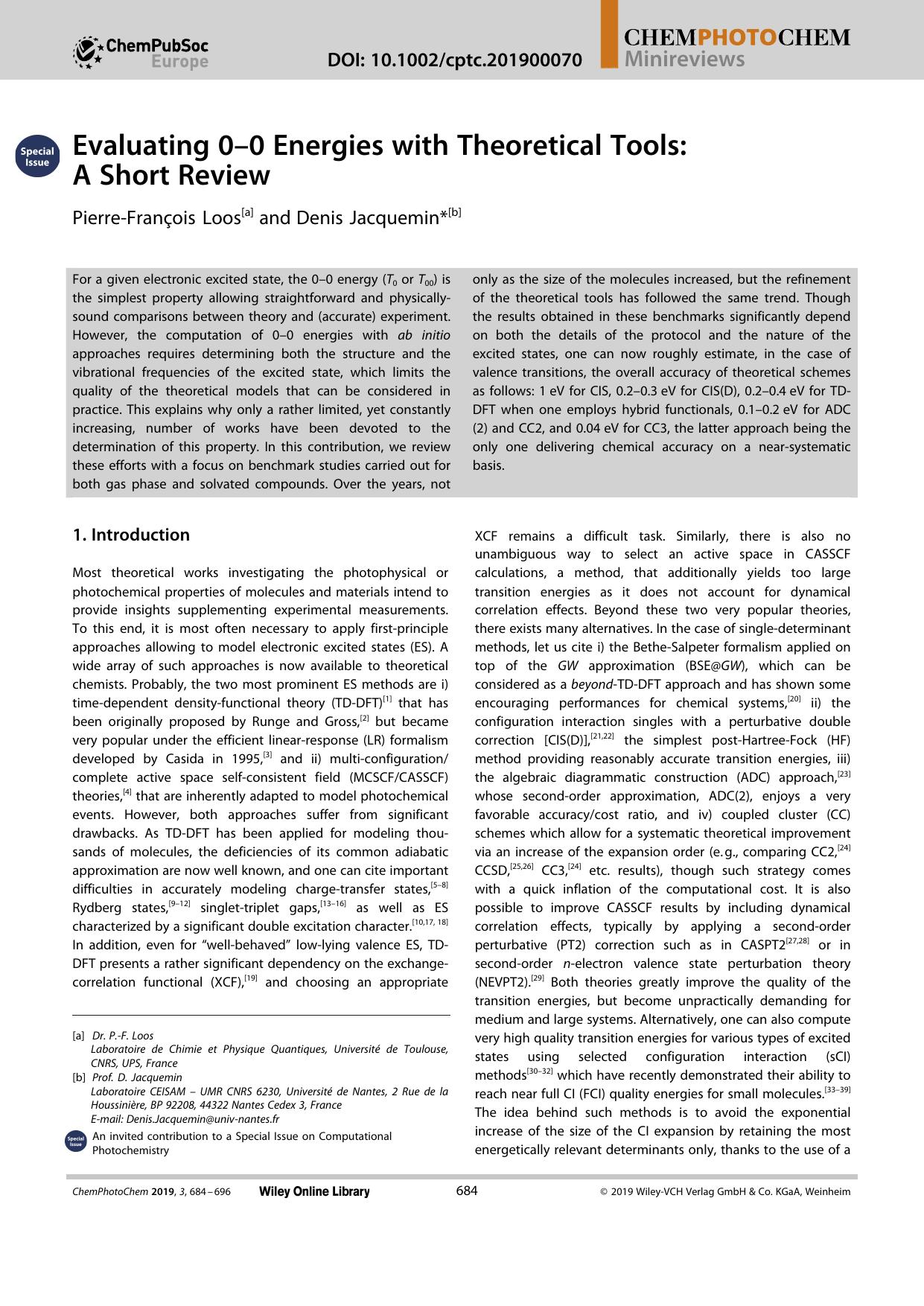 Evaluating 0â0 Energies with Theoretical Tools: A Short Review by Unknown