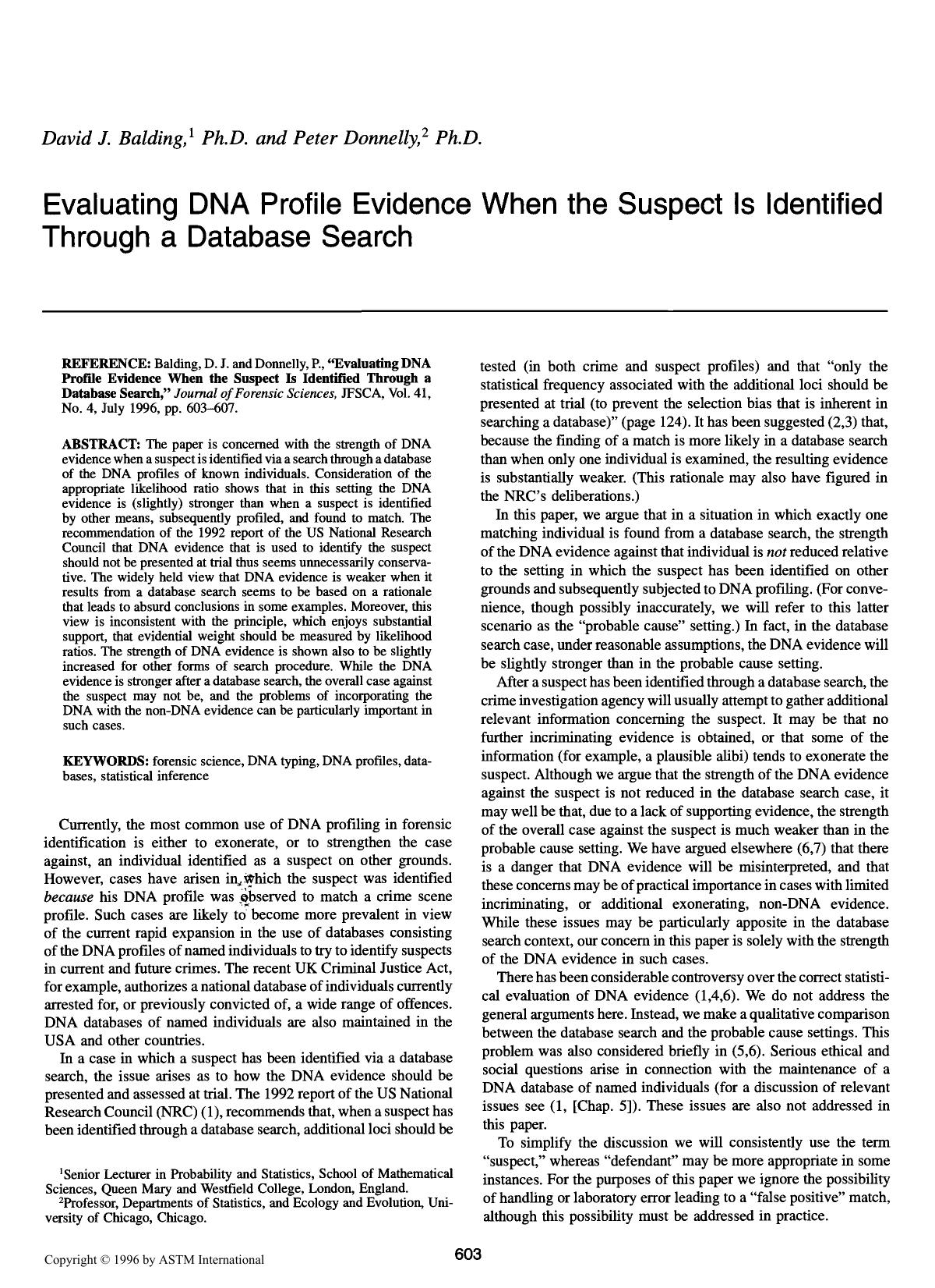 Evaluating DNA Profile Evidence When the Suspect Is Identified Through a Database Search by Balding DJ Donnelly P