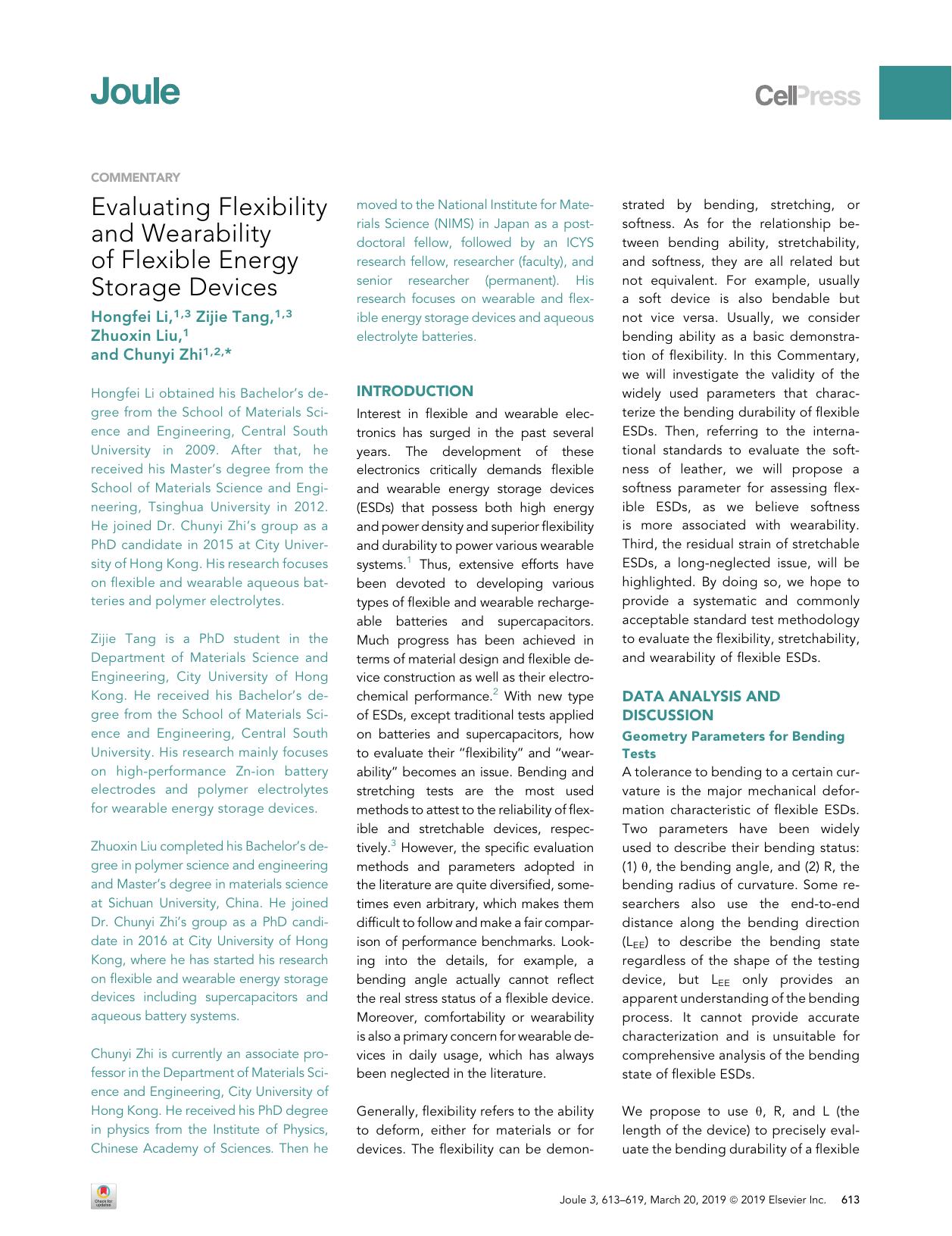 Evaluating Flexibility and Wearability of Flexible Energy Storage Devices by Hongfei Li & Zijie Tang & Zhuoxin Liu & Chunyi Zhi