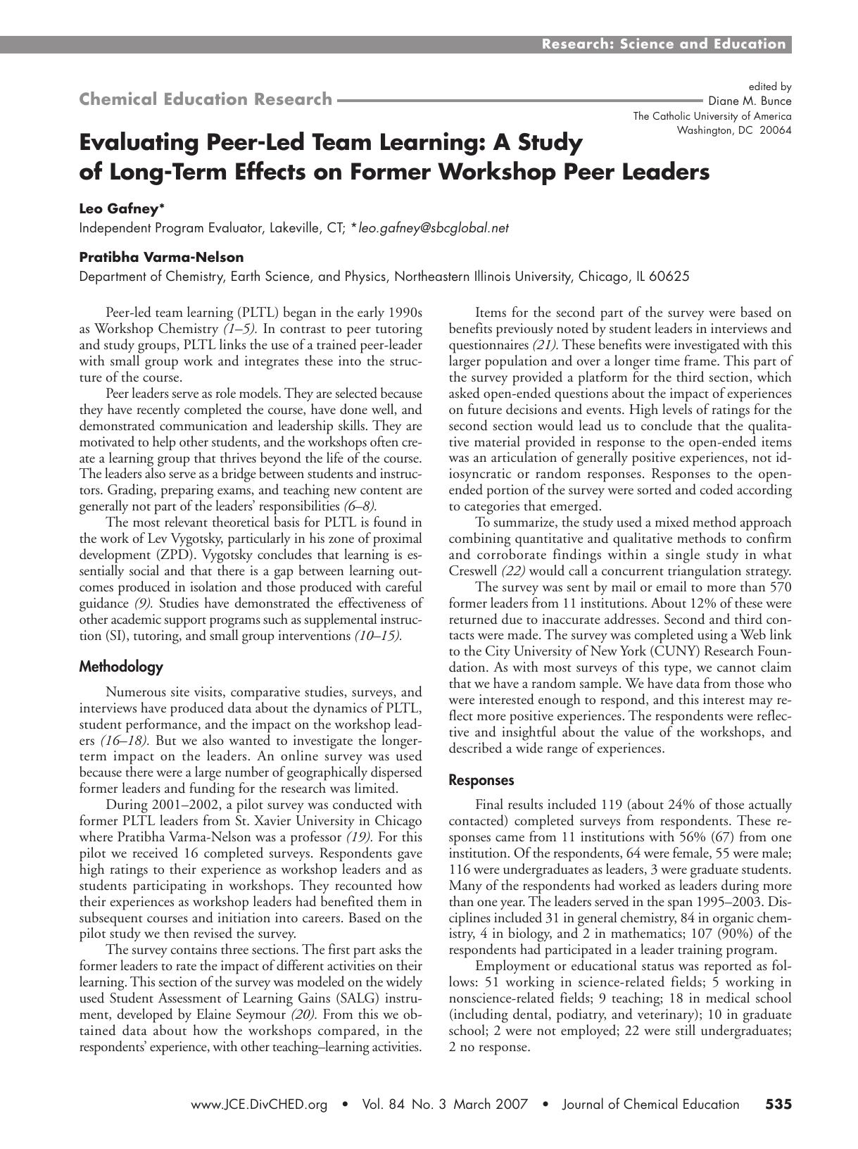 Evaluating Peer-Led Team Learning: A Study of Long-Term Effects on Former Workshop Peer Leaders by Leo Gafney and Pratibha Varma-Nelson