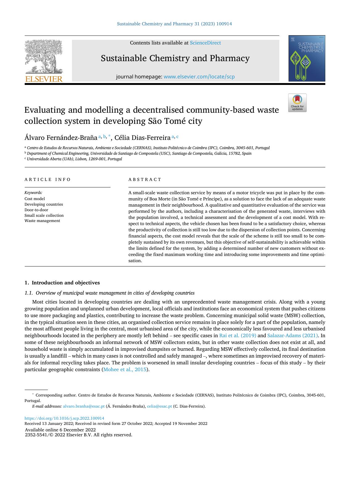 Evaluating and modelling a decentralised community-based waste collection system in developing SÃÂ£o TomÃÂ© city by Álvaro Fernández-Braña & Célia Dias-Ferreira