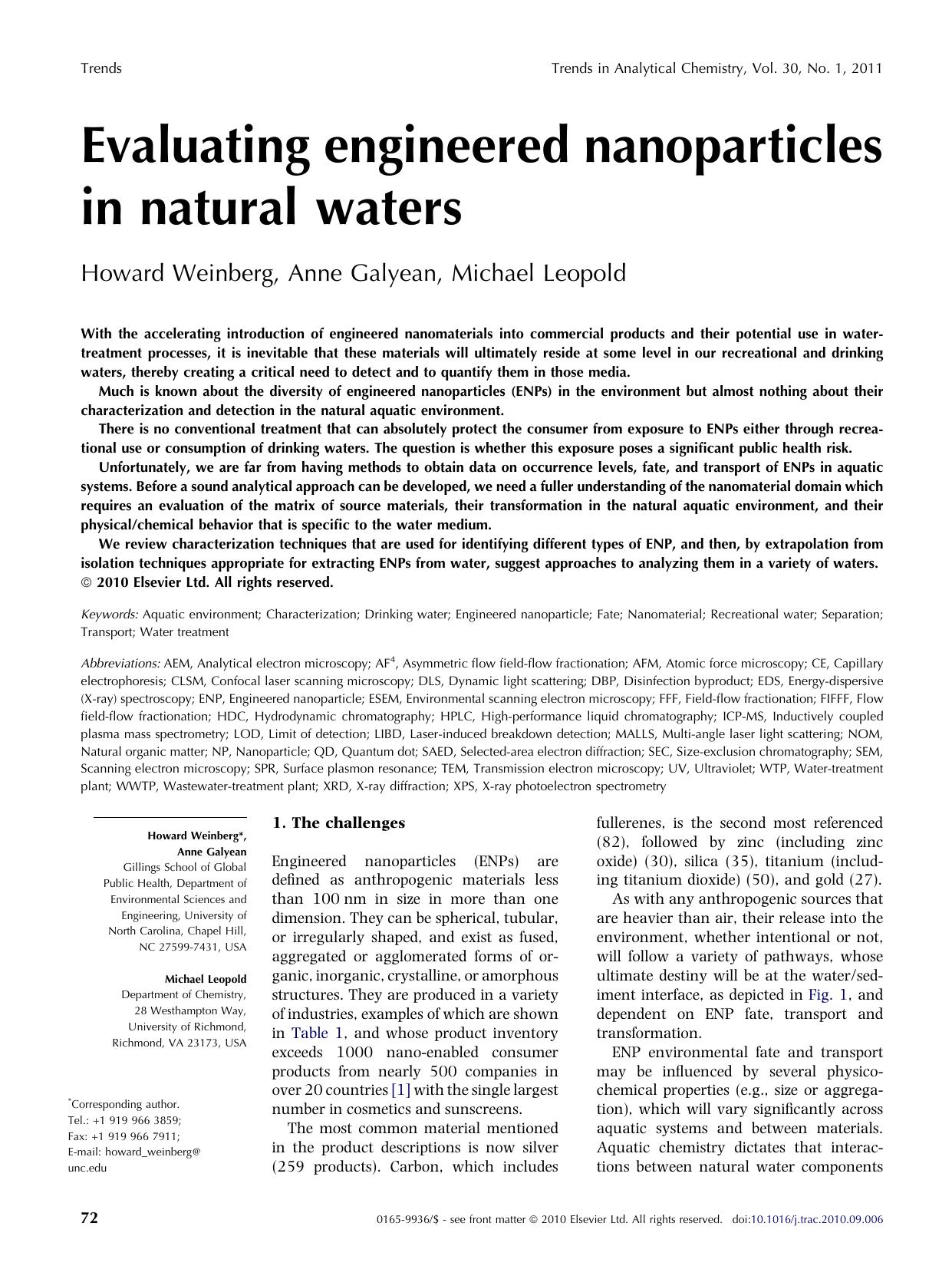 Evaluating engineered nanoparticles in natural waters by Howard Weinberg & Anne Galyean & Michael Leopold
