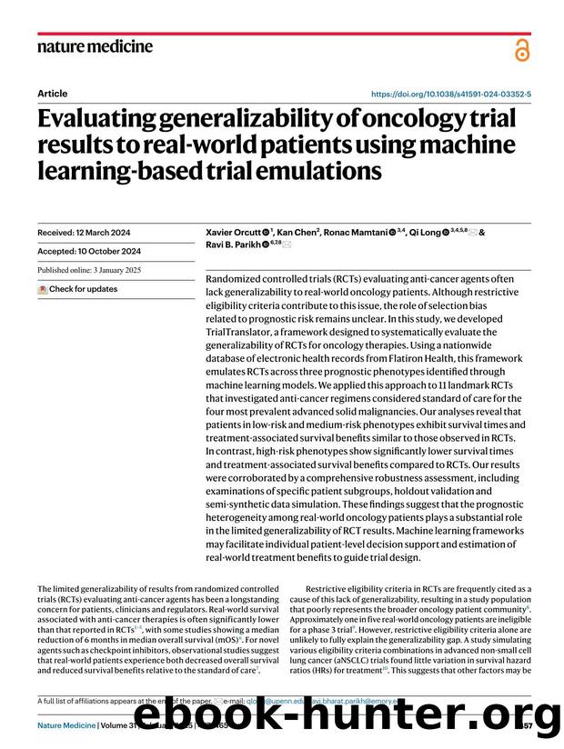 Evaluating generalizability of oncology trial results to real-world patients using machine learning-based trial emulations by Xavier Orcutt & Kan Chen & Ronac Mamtani & Qi Long & Ravi B. Parikh