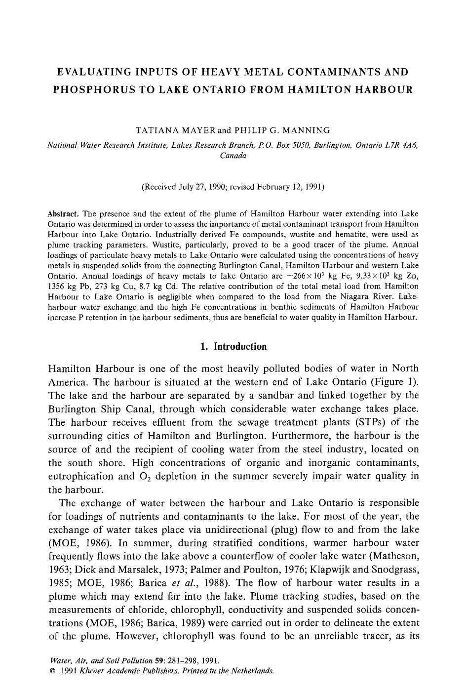 Evaluating inputs of heavy metal contaminants and phosphorus to lake ontario from Hamilton Harbour by Unknown