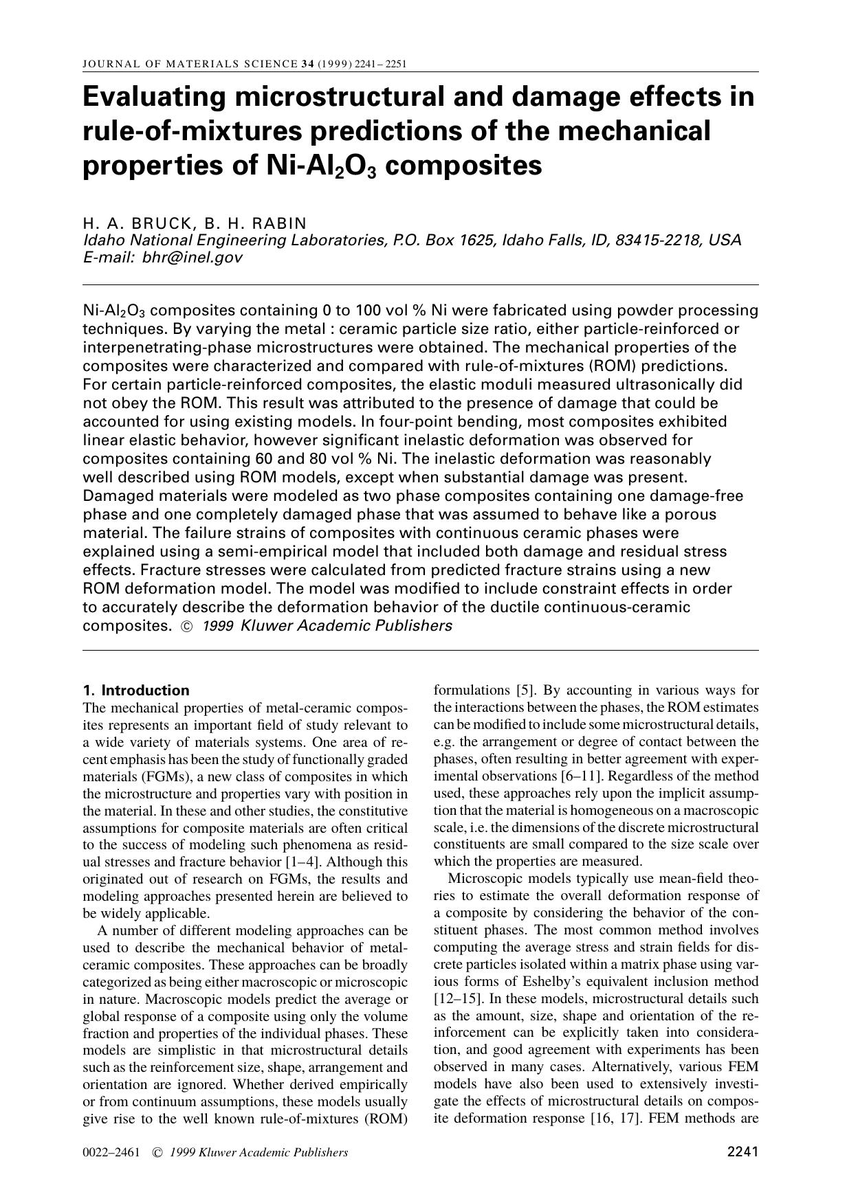 Evaluating microstructural and damage effects in rule-of-mixtures predictions of the mechanical properties of Ni-Al2O3 composites by Unknown