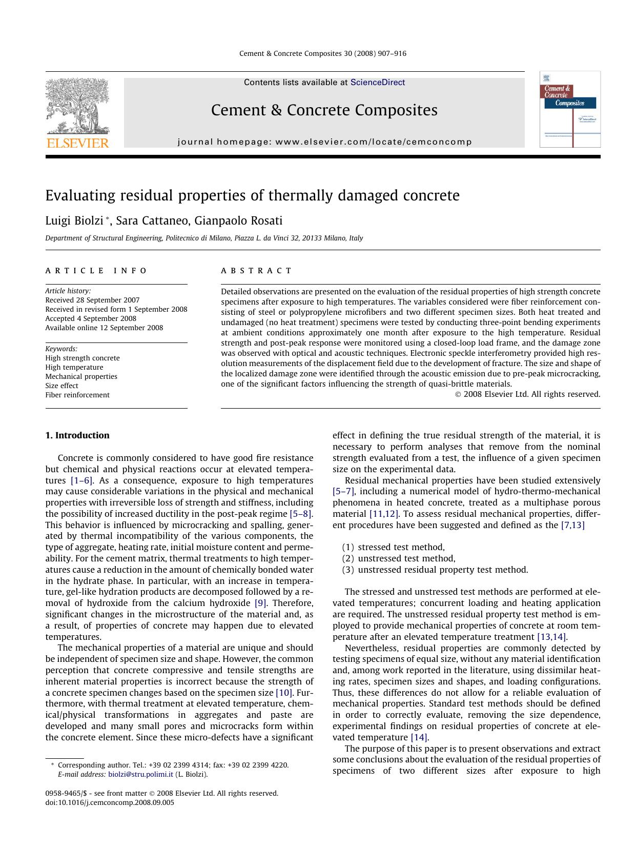 Evaluating residual properties of thermally damaged concrete by Luigi Biolzi; Sara Cattaneo; Gianpaolo Rosati