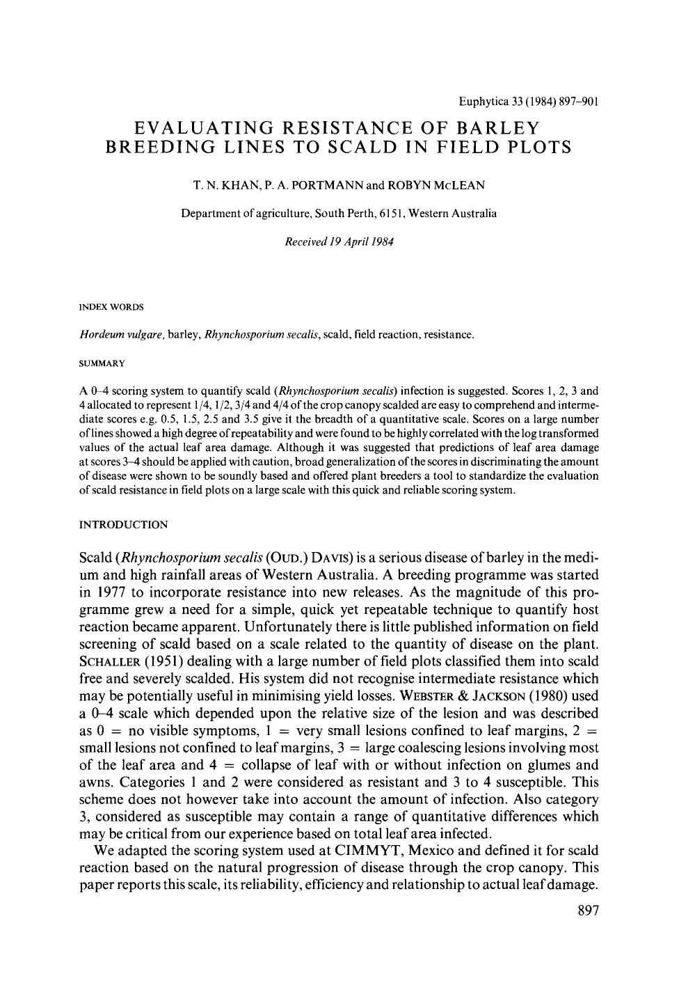 Evaluating resistance of barley breeding lines to scald in field plots by Unknown
