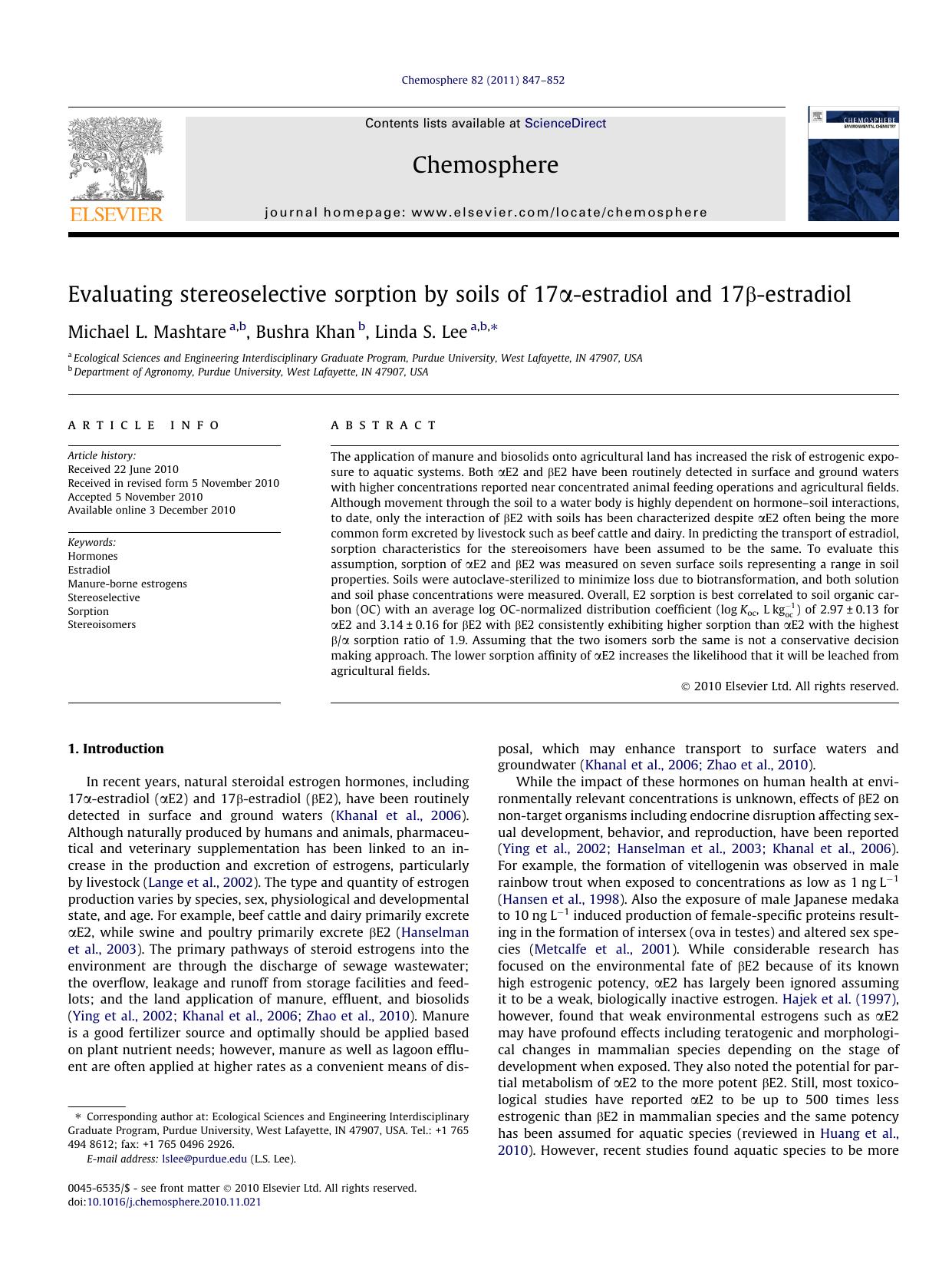 Evaluating stereoselective sorption by soils of 17ÃÂ±-estradiol and 17ÃÂ²-estradiol by Michael L. Mashtare & Bushra Khan & Linda S. Lee