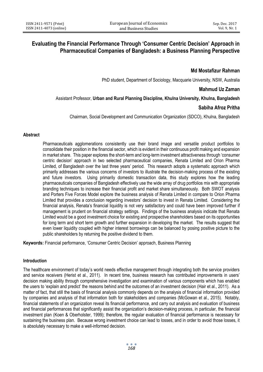Evaluating the Financial Performance Through âConsumer Centric Decisionâ Approach in Pharmaceutical Companies of Bangladesh: a Business Planning Perspective [article] by Md Mostafizur Rahman Mahmud Uz Zaman Sabiha Afroz Pritha