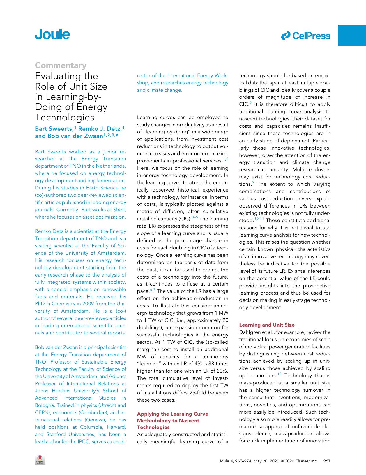 Evaluating the Role of Unit Size in Learning-by-Doing of Energy Technologies by Bart Sweerts & Remko J. Detz & Bob van der Zwaan