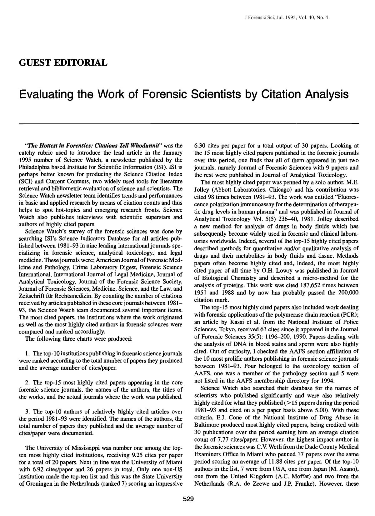 Evaluating the Work of Forensic Scientists by Citation Analysis by Jones AW
