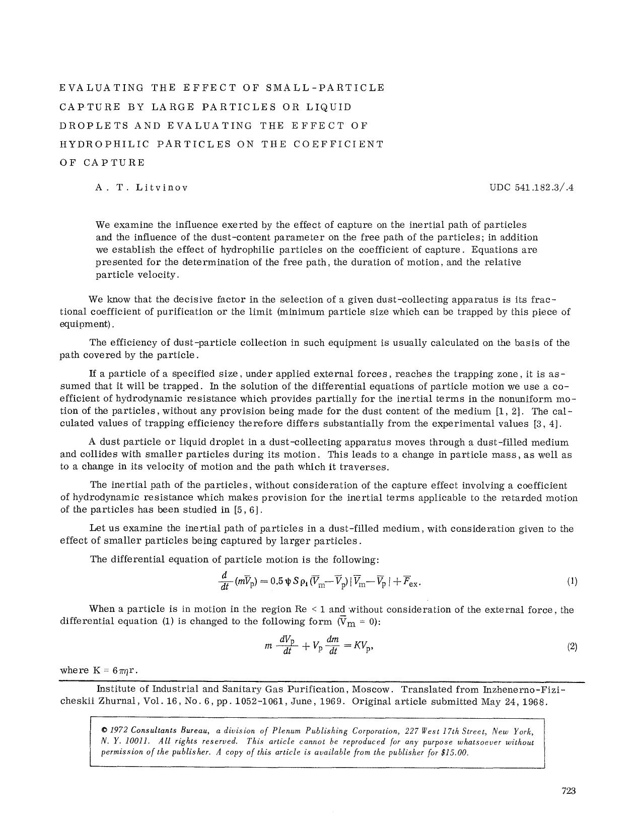 Evaluating the effect of small-part1cle capture by large particles or liquid droplets and evaluating the effect of hydrophilic particles on the coefficient of capture by Unknown
