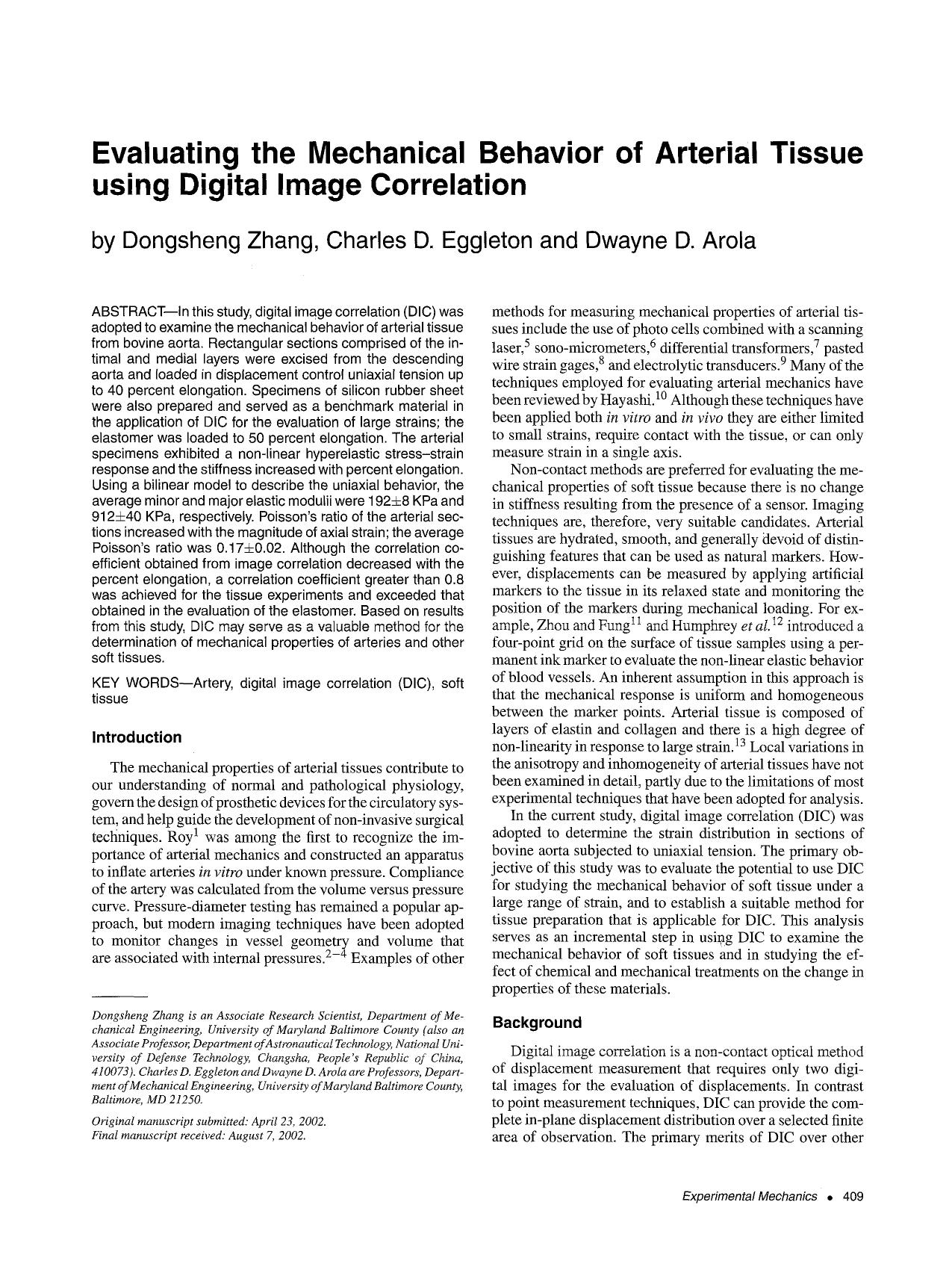 Evaluating the mechanical behavior of arterial tissue using digital image correlation by Unknown