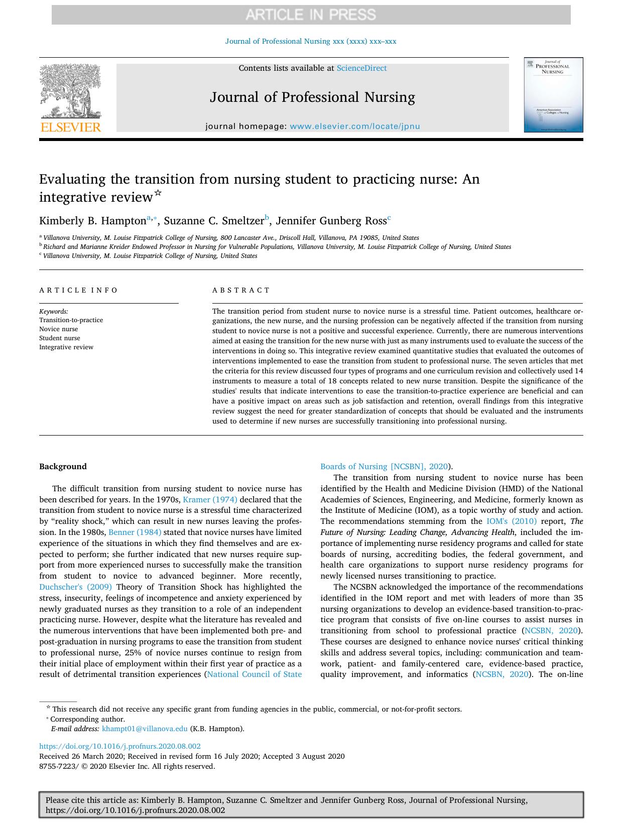 Evaluating the transition from nursing student to practicing nurse_ An integrative review by Kimberly B. Hampton & Suzanne C. Smeltzer & Jennifer Gunberg Ross
