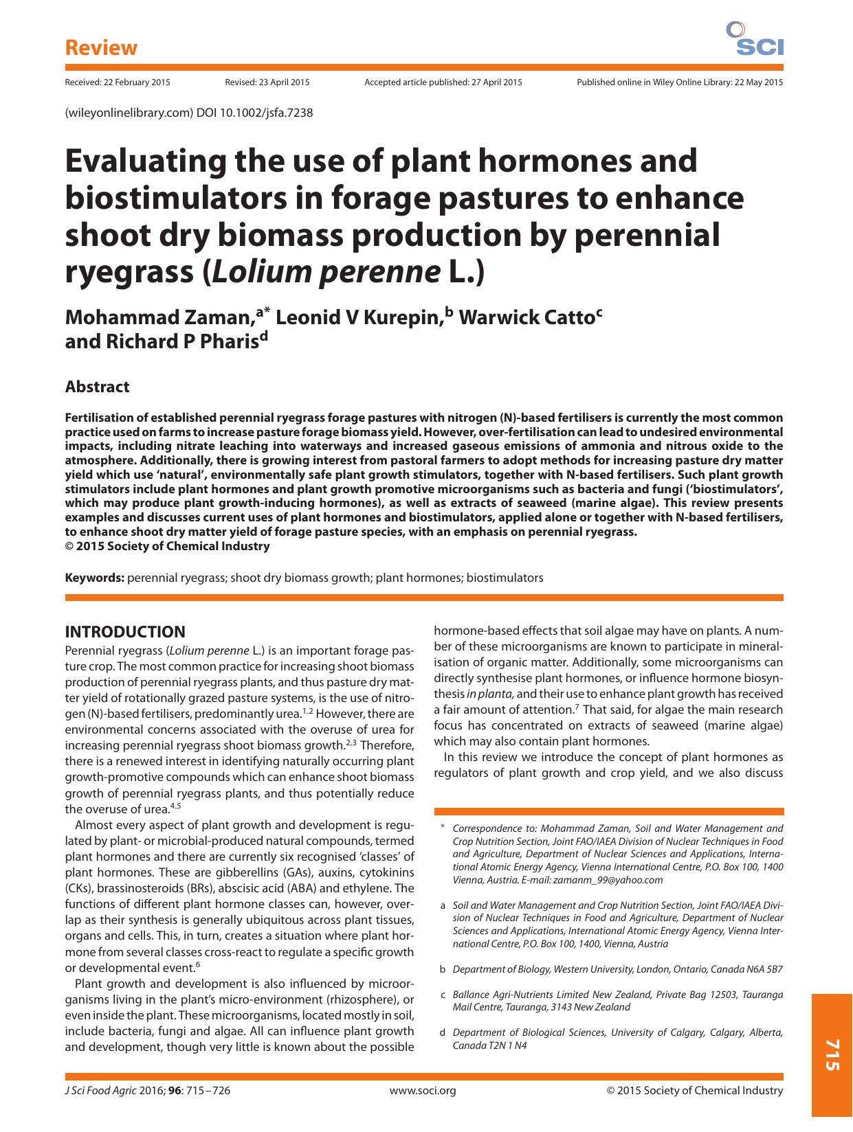 Evaluating the use of plant hormones and biostimulators in forage pastures to enhance shoot dry biomass production by perennial ryegrass (Lolium perenne L.) by Unknown