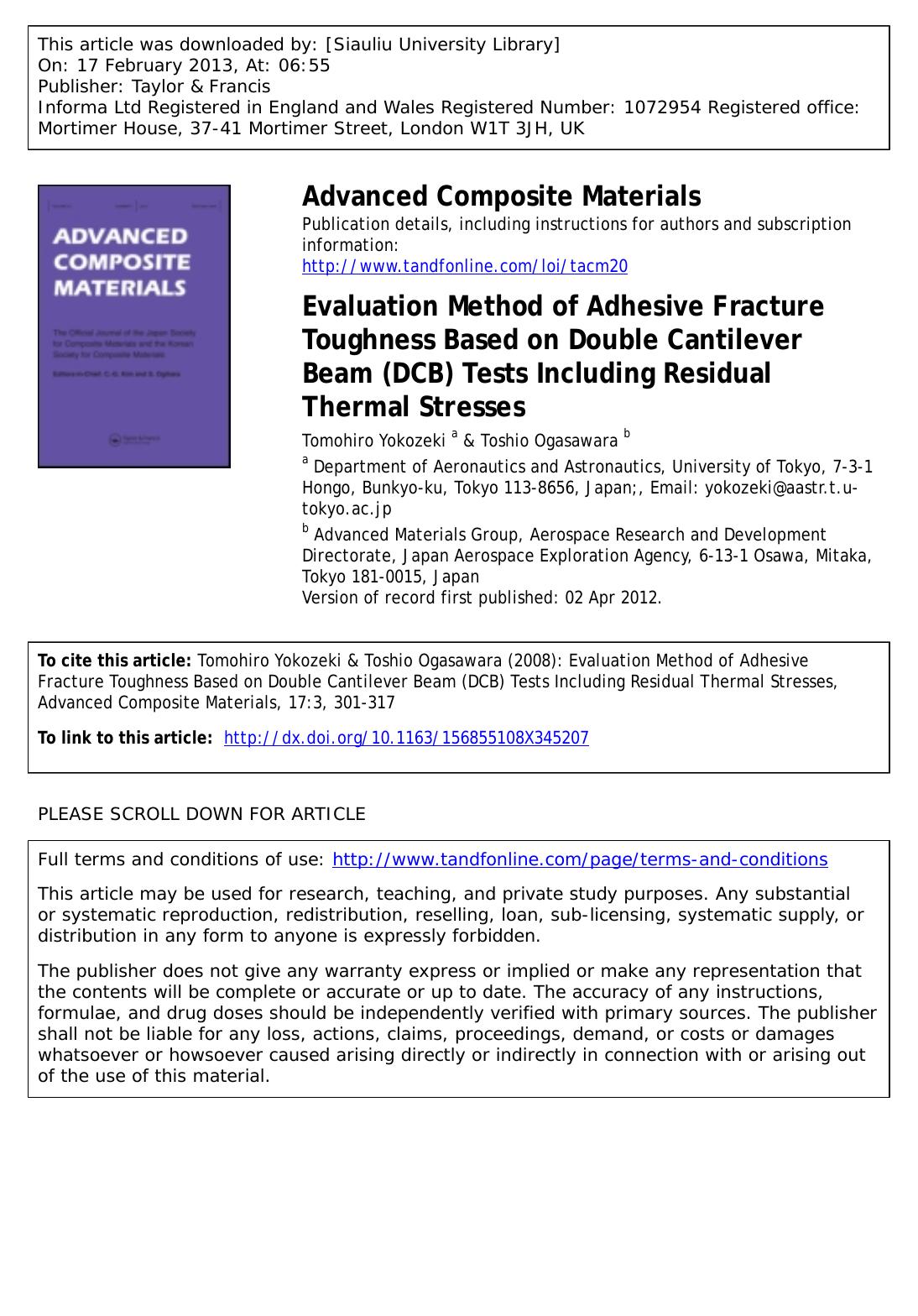 Evaluation Method of Adhesive Fracture Toughness Based on Double Cantilever Beam (DCB) Tests Including Residual Thermal Stresses by Tomohiro Yokozeki & Toshio Ogasawara