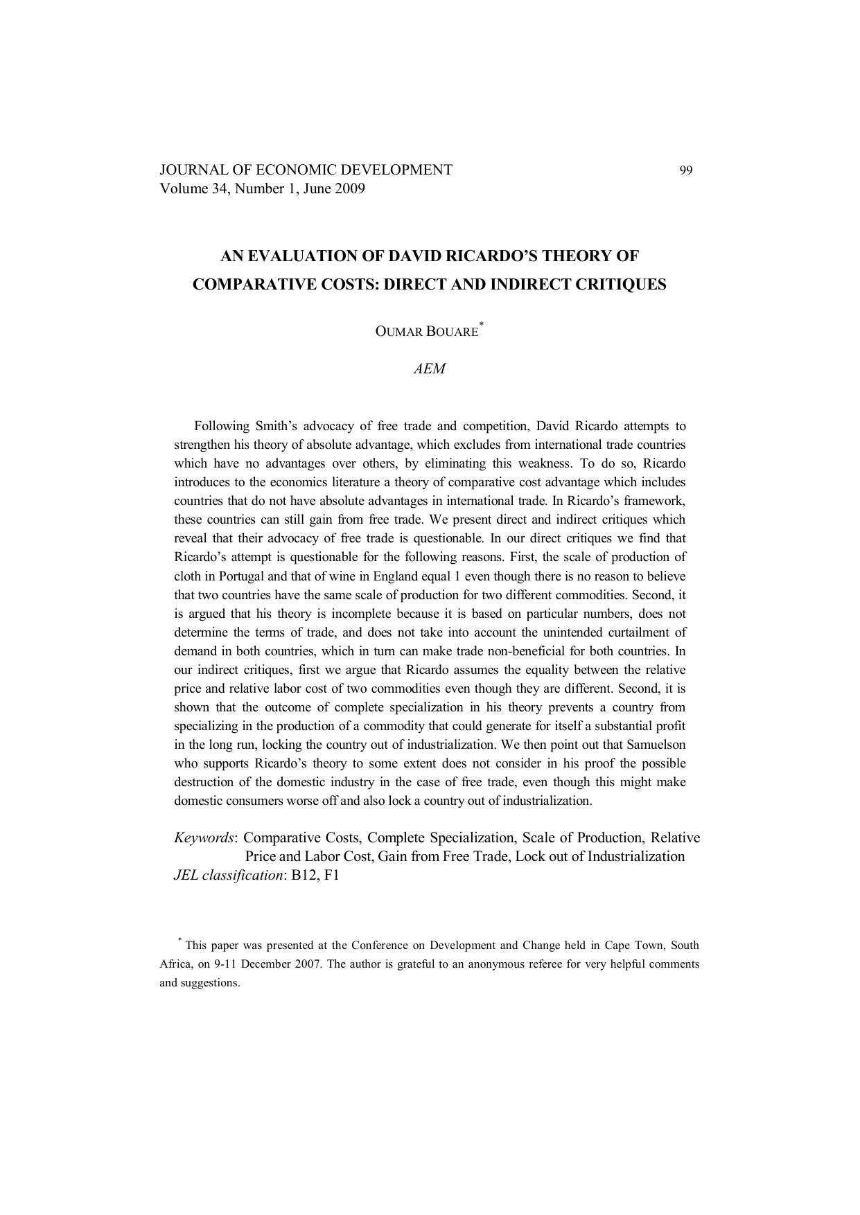 Evaluation Of David Ricardo's Theory Of Comparative Costs [Direct And Indirect Critiques] by Unknown