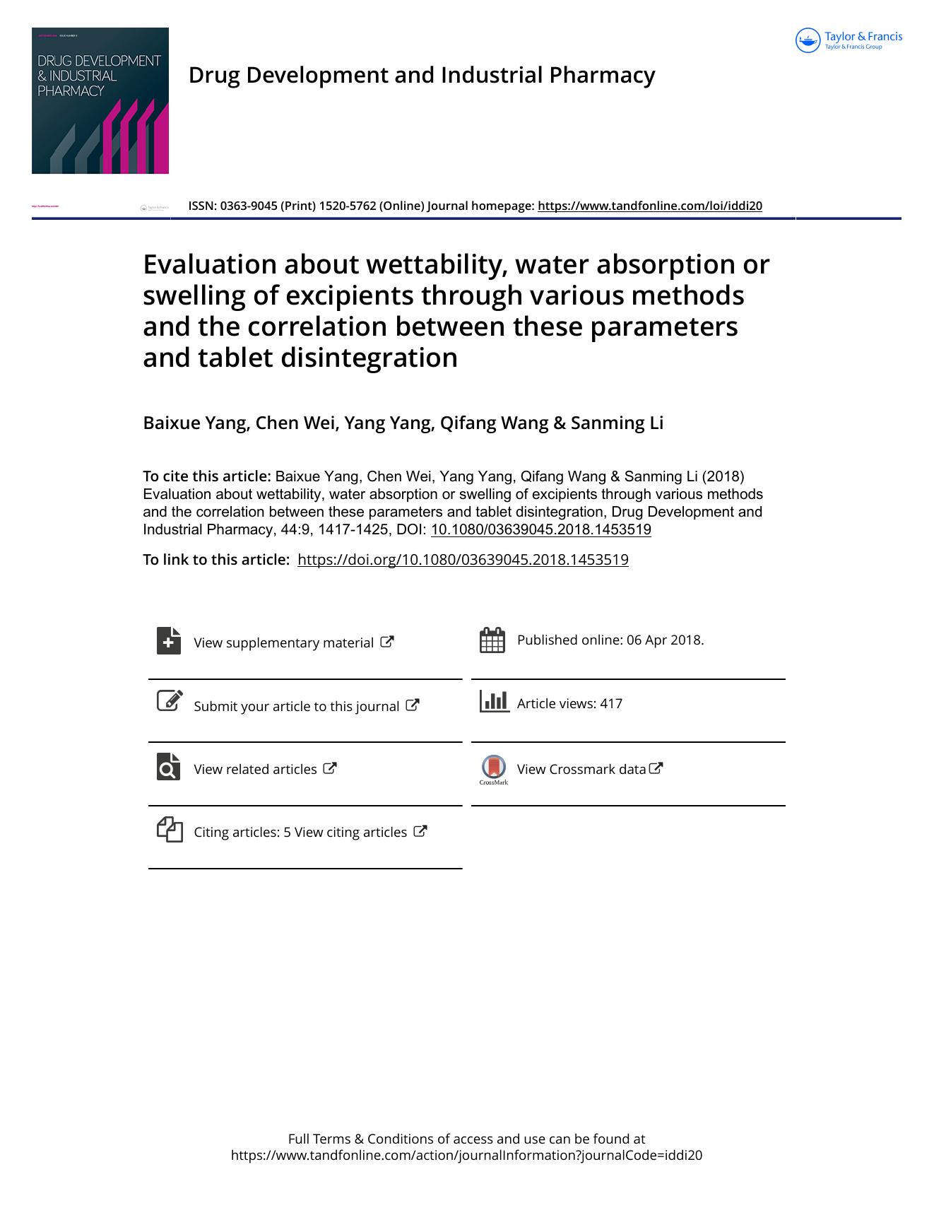Evaluation about wettability, water absorption or swelling of excipients through various methods and the correlation between these parameters and tablet disintegration by Yang Baixue & Wei Chen & Yang Yang & Wang Qifang & Li Sanming
