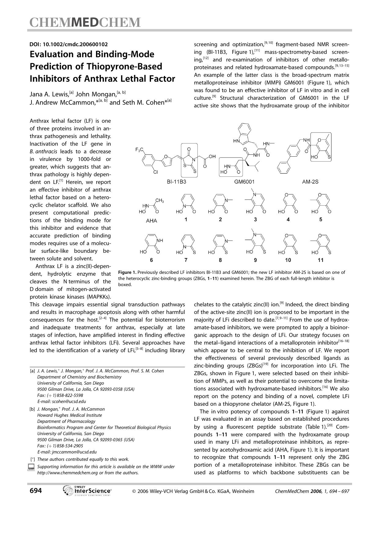 Evaluation and Binding-Mode Prediction of Thiopyrone-Based Inhibitors of Anthrax Lethal Factor by Unknown