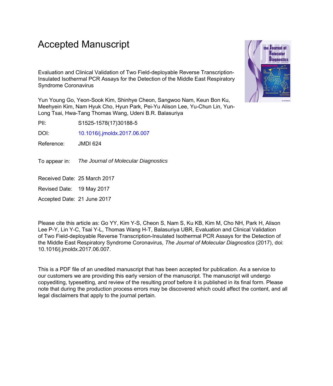 Evaluation and Clinical Validation of Two Field-deployable Reverse Transcription-Insulated Isothermal PCR Assays for the Detection of the Middle East Respiratory Syndrome Coronavirus by unknow