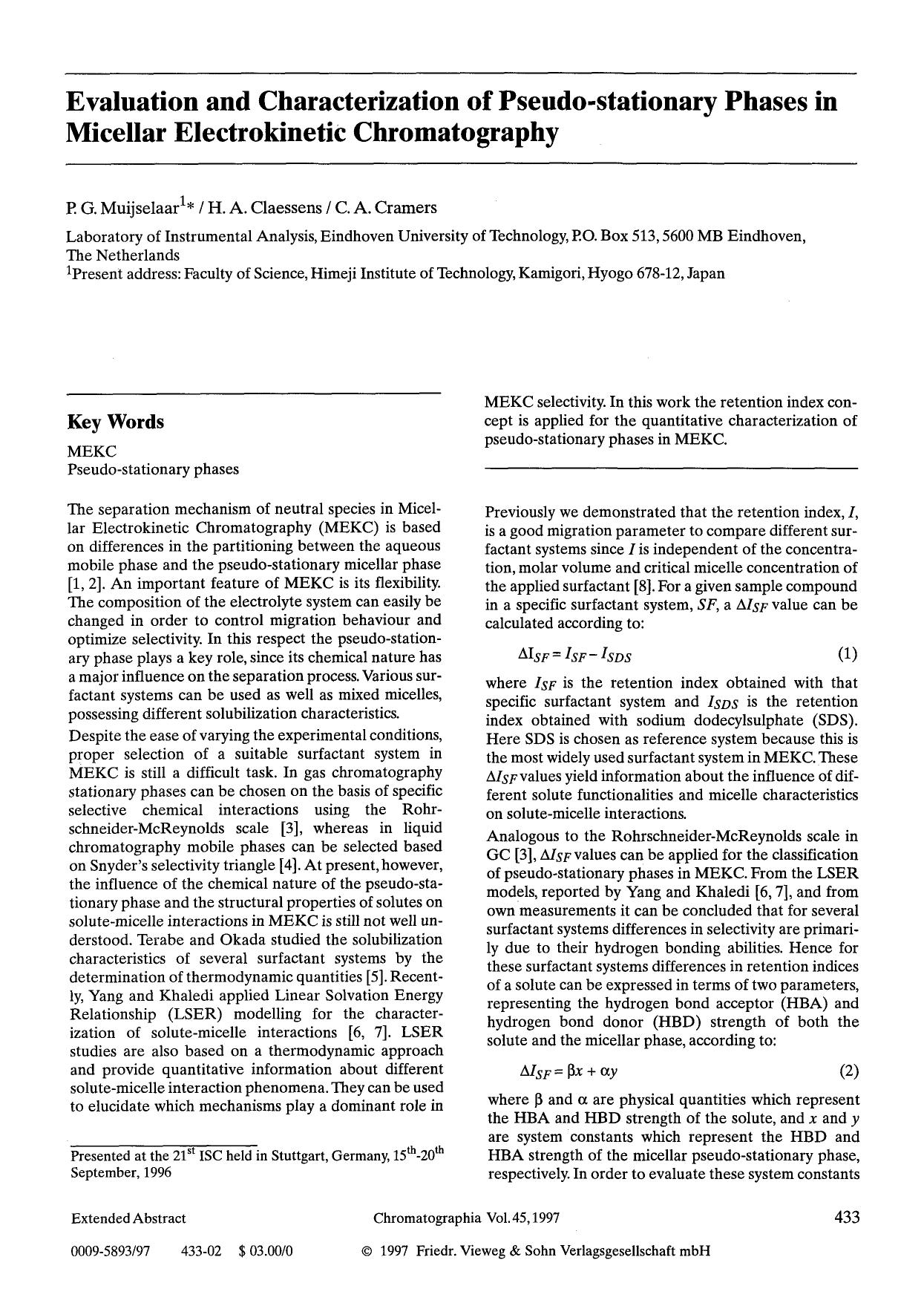 Evaluation and characterization of pseudo-stationary phases in micellar electrokinetic chromatography by Unknown