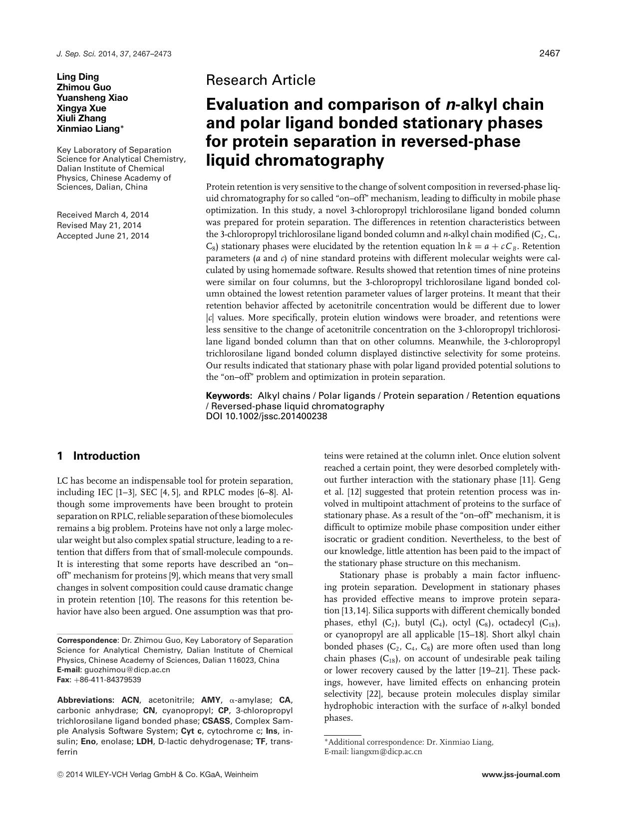 Evaluation and comparison of <i>n<i>‐alkyl chain and polar ligand bonded stationary phases for protein separation in reversed‐phase liquid chromatography by Unknown