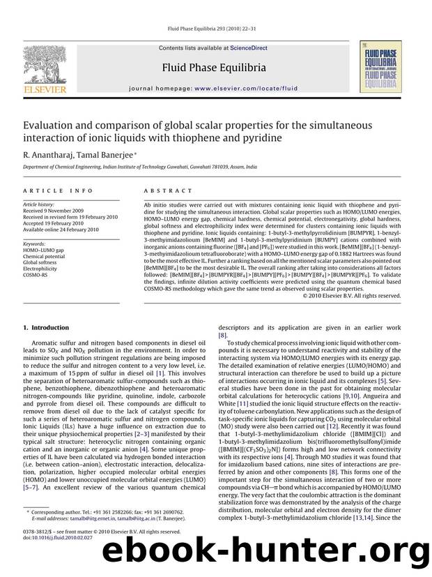 Evaluation and comparison of global scalar properties for the simultaneous interaction of ionic liquids with thiophene and pyridine by R. Anantharaj; Tamal Banerjee