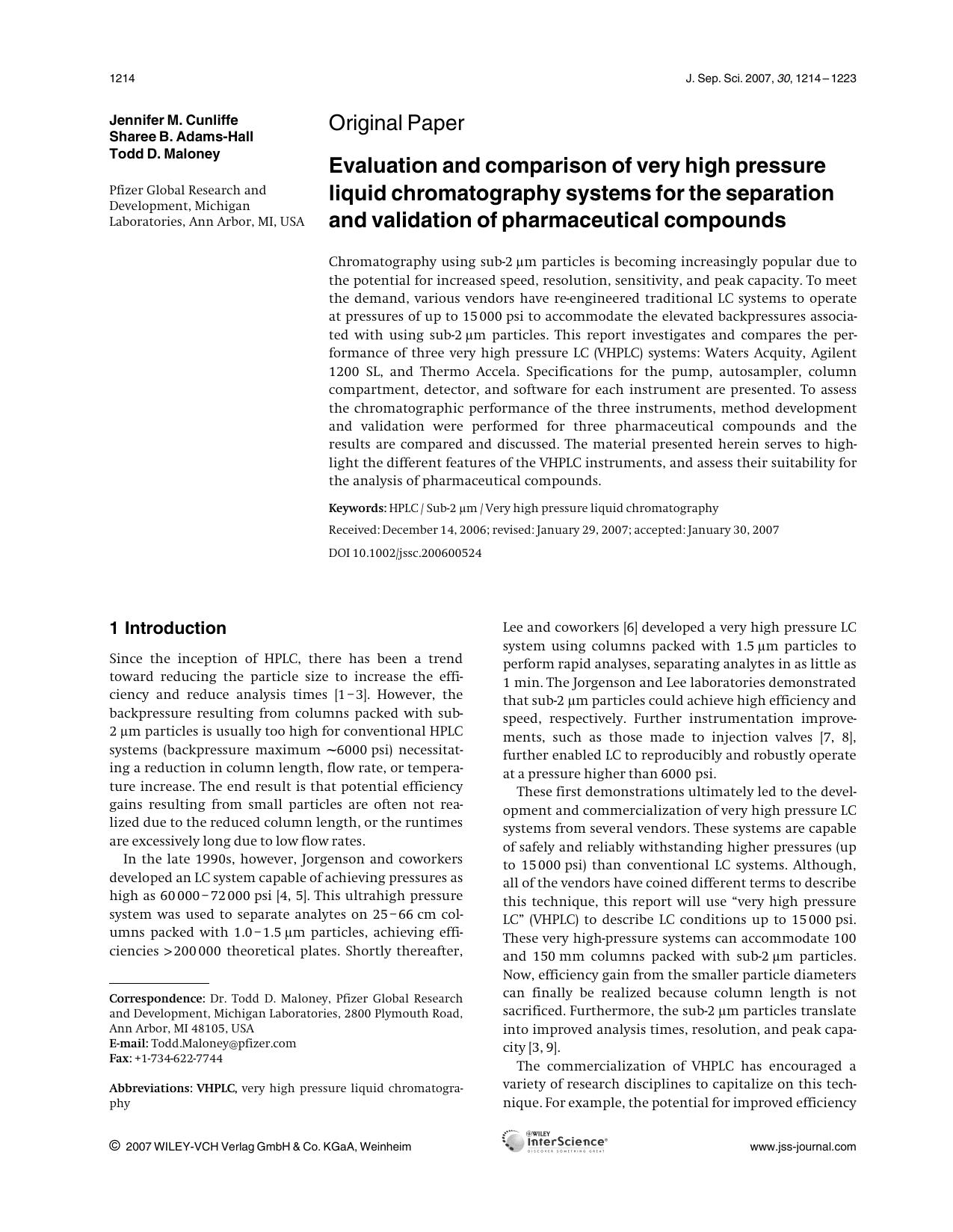Evaluation and comparison of very high pressure liquid chromatography systems for the separation and validation of pharmaceutical compounds by Unknown