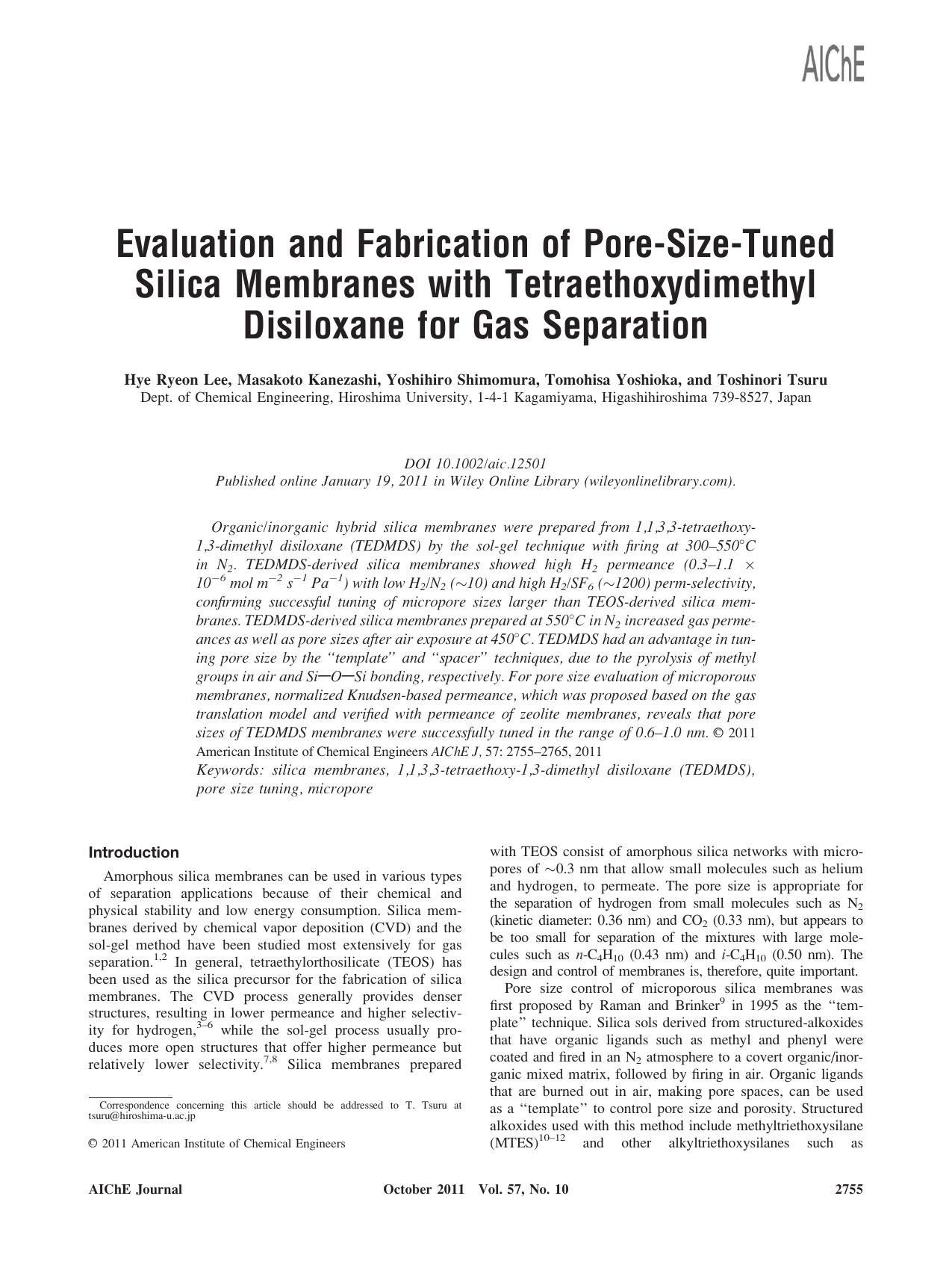 Evaluation and fabrication of poresizetuned silica membranes with tetraethoxydimethyl disiloxane for gas separation by Unknown