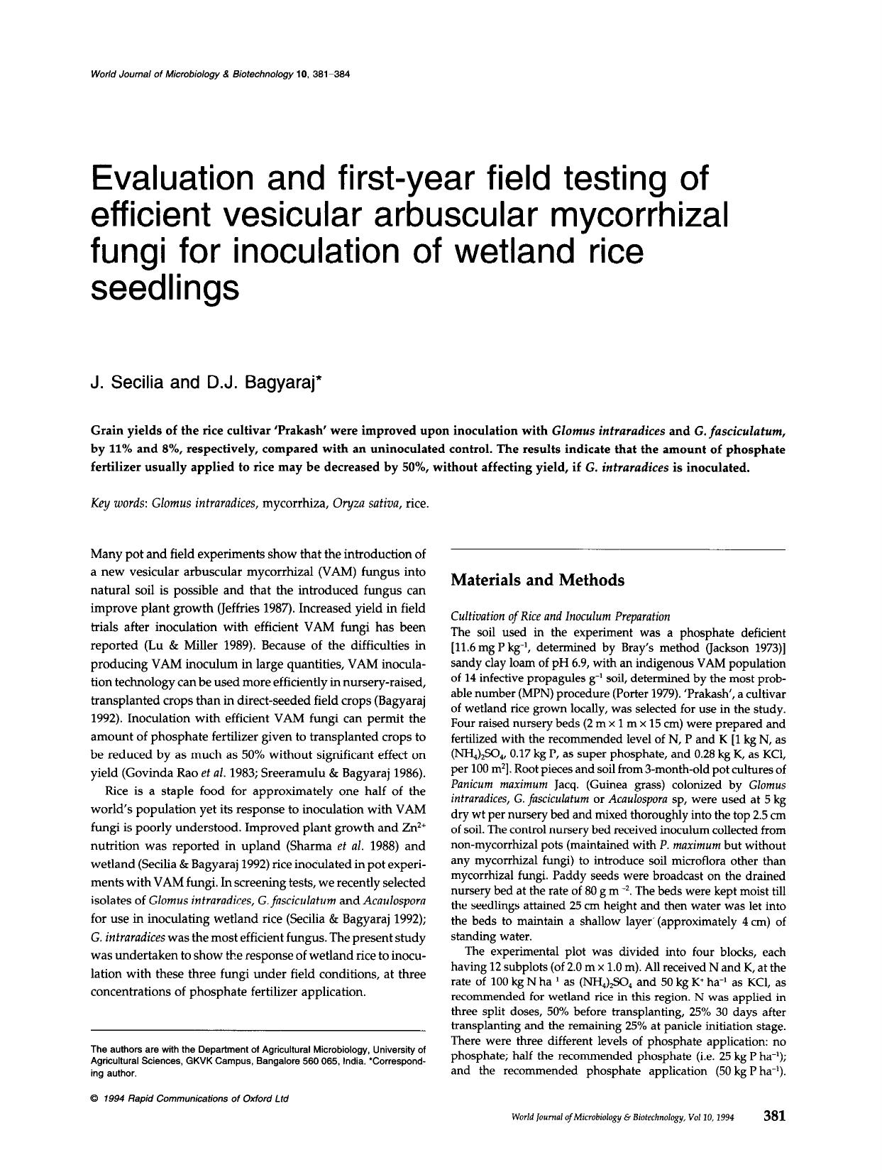 Evaluation and first-year field testing of efficient vesicular arbuscular mycorrhizal fungi for inoculation of wetland rice seedlings by Unknown