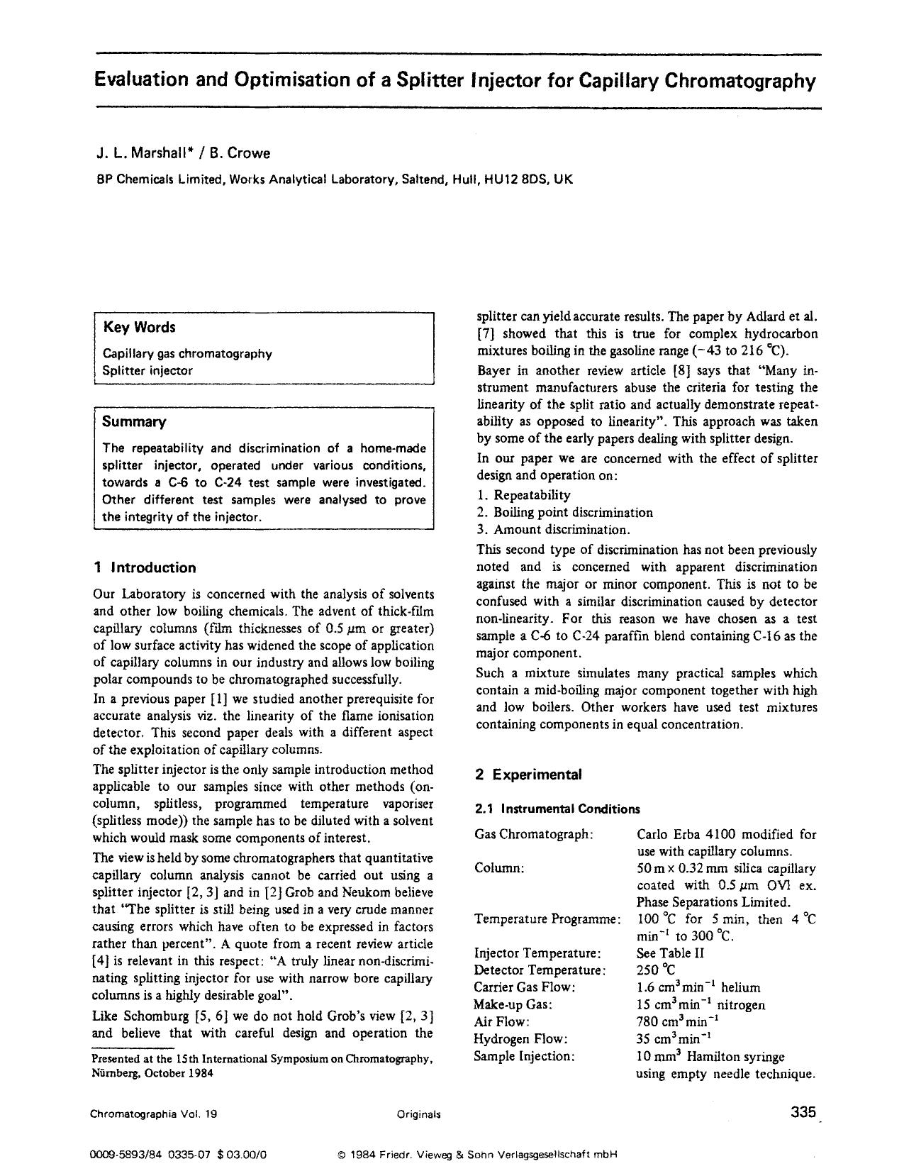 Evaluation and optimisation of a splitter injector for capillary chromatography by Unknown