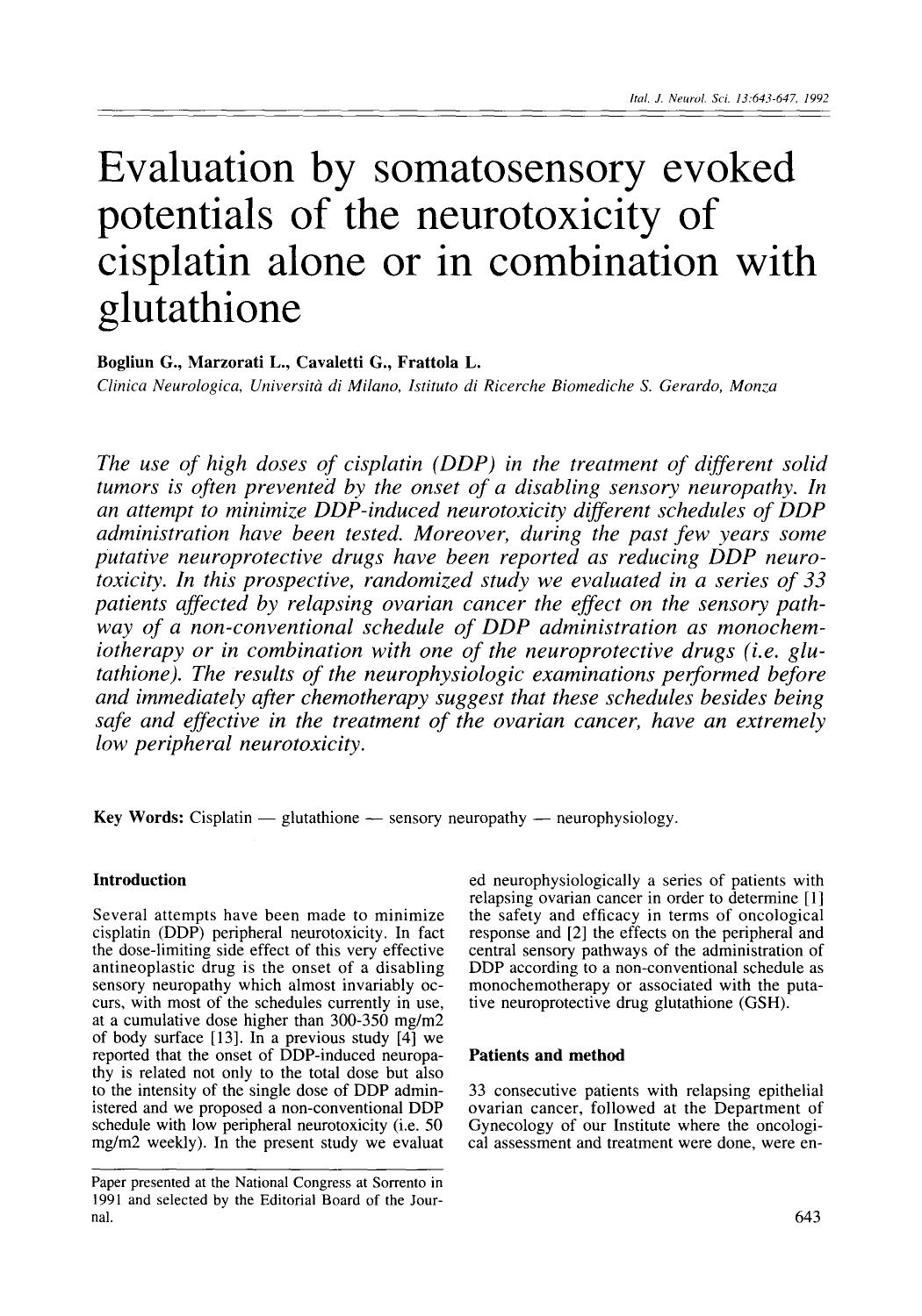 Evaluation by somatosensory evoked potentials of the neurotoxicity of cisplatin alone or in combination with glutathione by Unknown