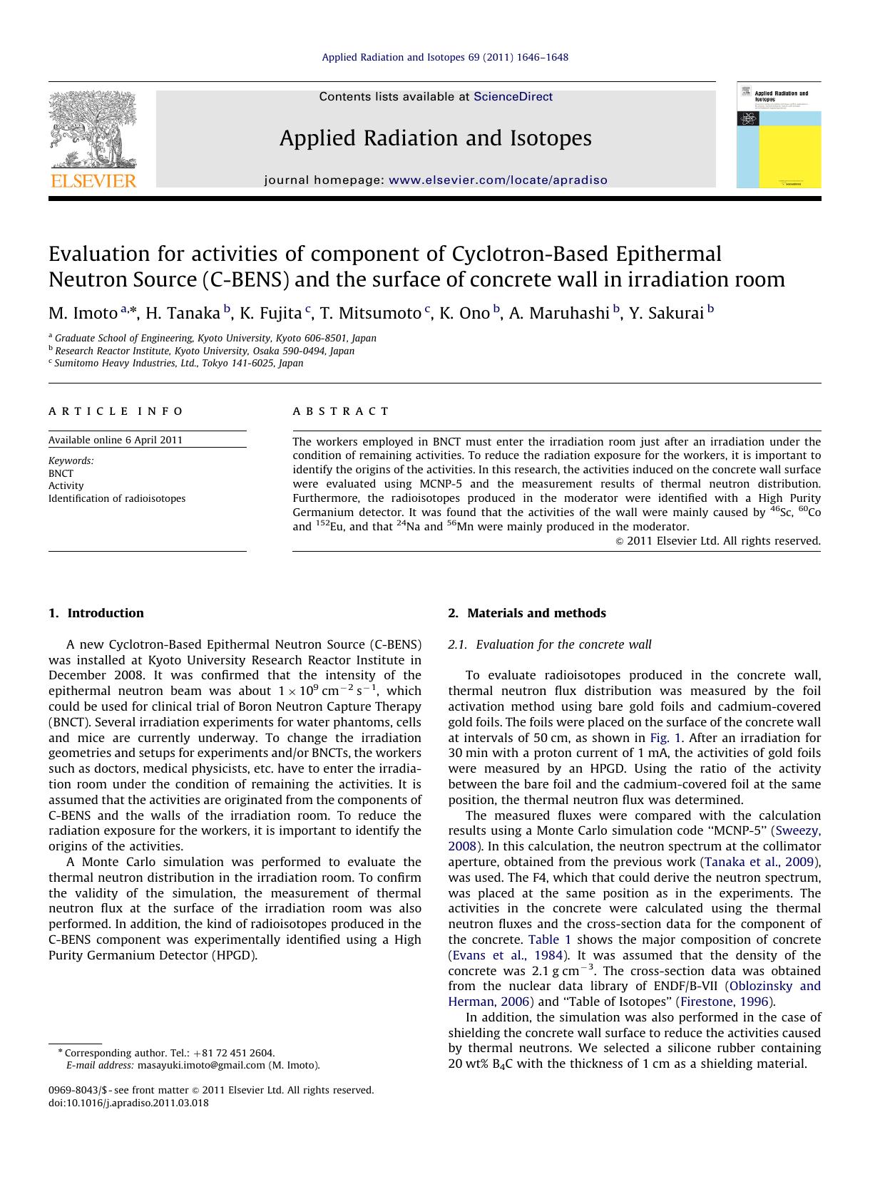 Evaluation for activities of component of Cyclotron-Based Epithermal Neutron Source (C-BENS) and the surface of concrete wall in irradiation room by M. Imoto & H. Tanaka & K. Fujita & T. Mitsumoto & K. Ono & A. Maruhashi & Y. Sakurai