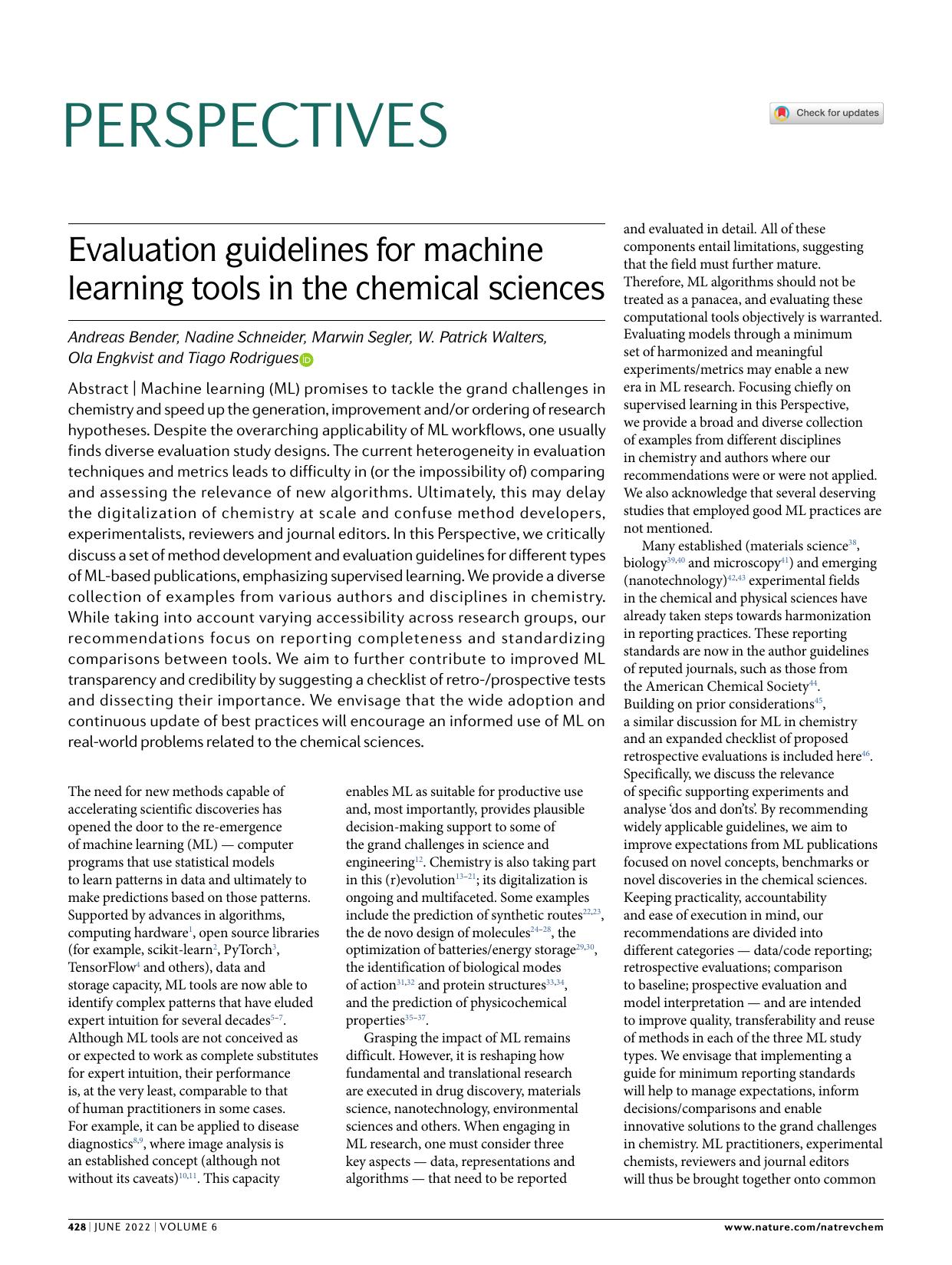 Evaluation guidelines for machine learning tools in the chemical sciences by unknow
