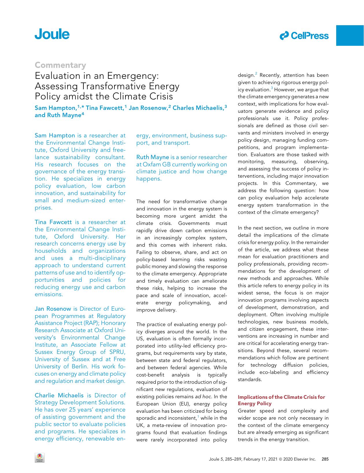 Evaluation in an Emergency: Assessing Transformative Energy Policy amidst the Climate Crisis by Sam Hampton & Tina Fawcett & Jan Rosenow & Charles Michaelis & Ruth Mayne