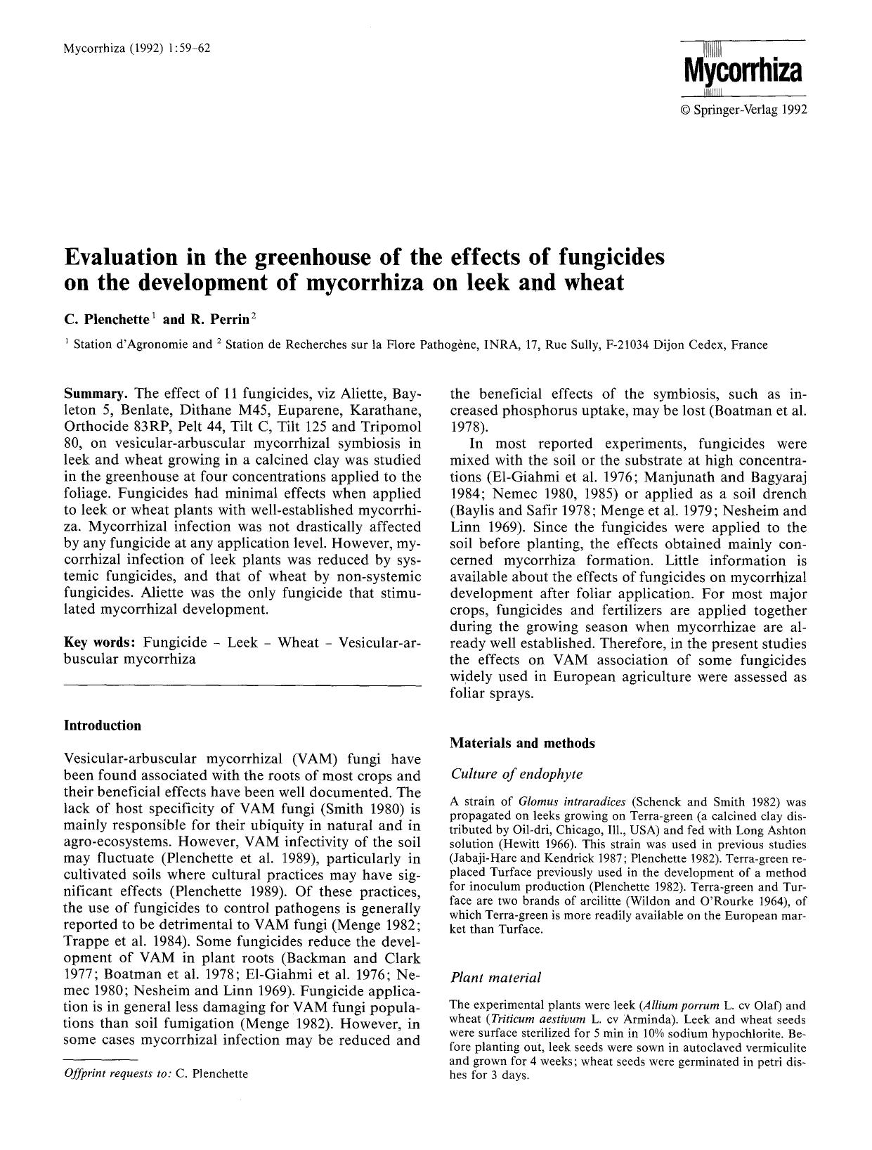 Evaluation in the greenhouse of the effects of fungicides on the development of mycorrhiza on leek and wheat by Unknown