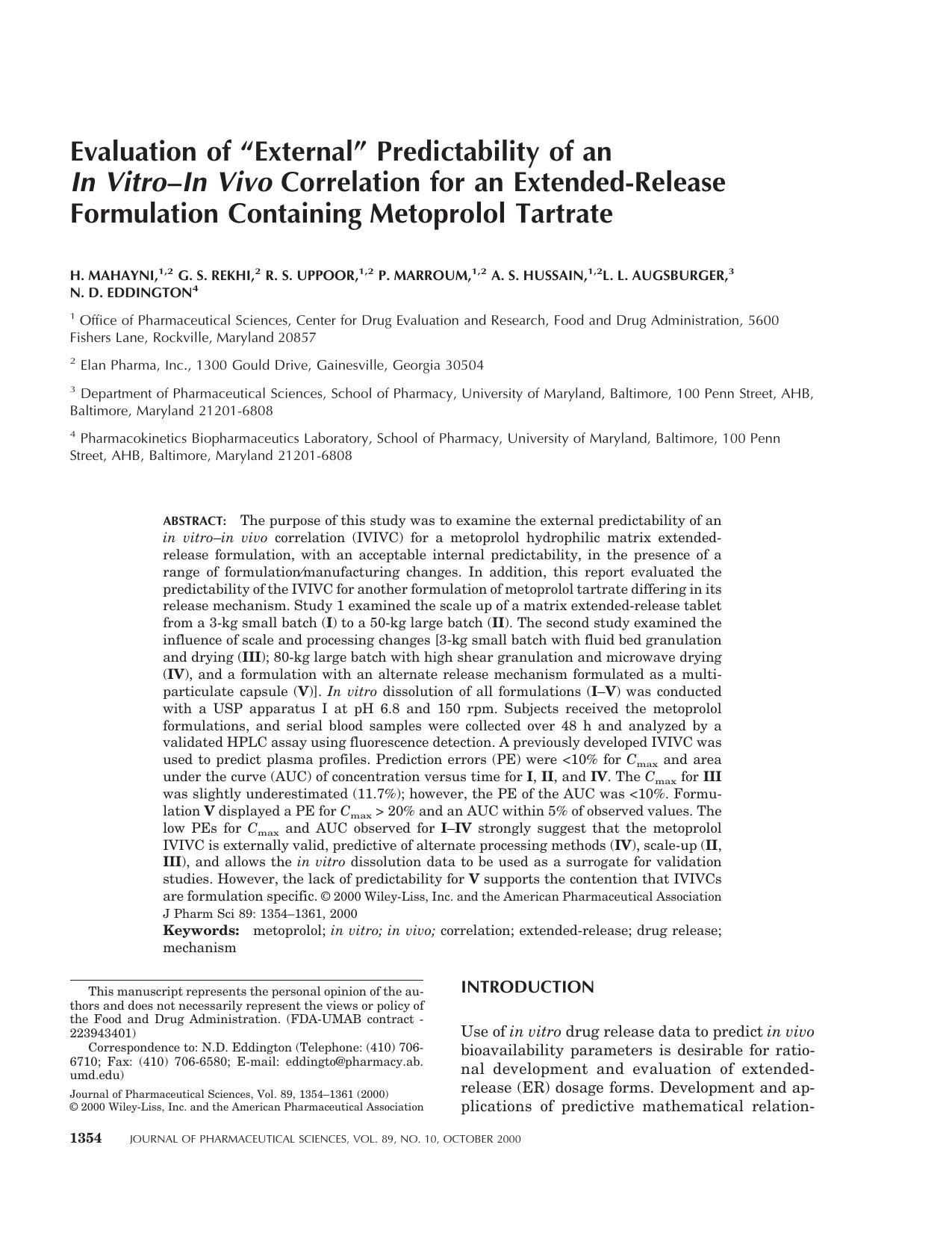 Evaluation of "external" predictability of an in vitro-in vivo correlation for an extended-release formulation containing metoprolol tartrate by Unknown