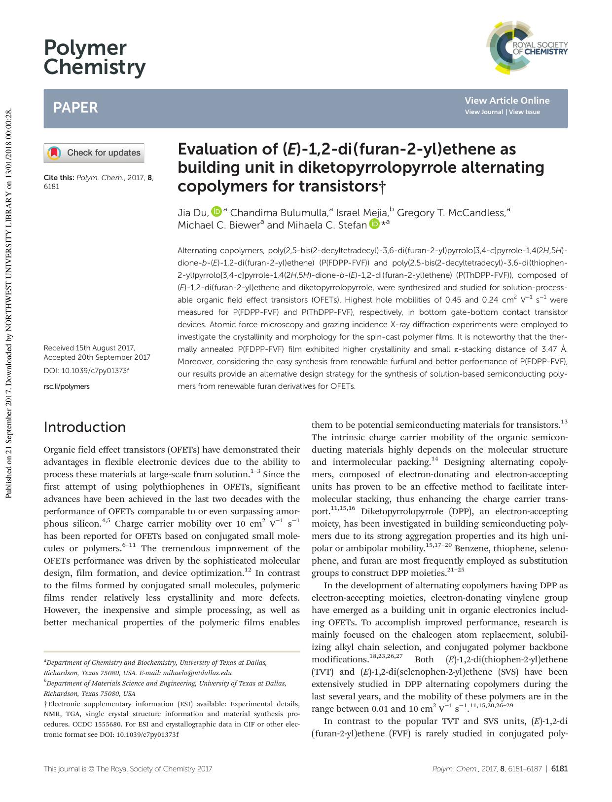 Evaluation of (E)-1,2-di(furan-2-yl)ethene as building unit in diketopyrrolopyrrole alternating copolymers for transistors by unknow