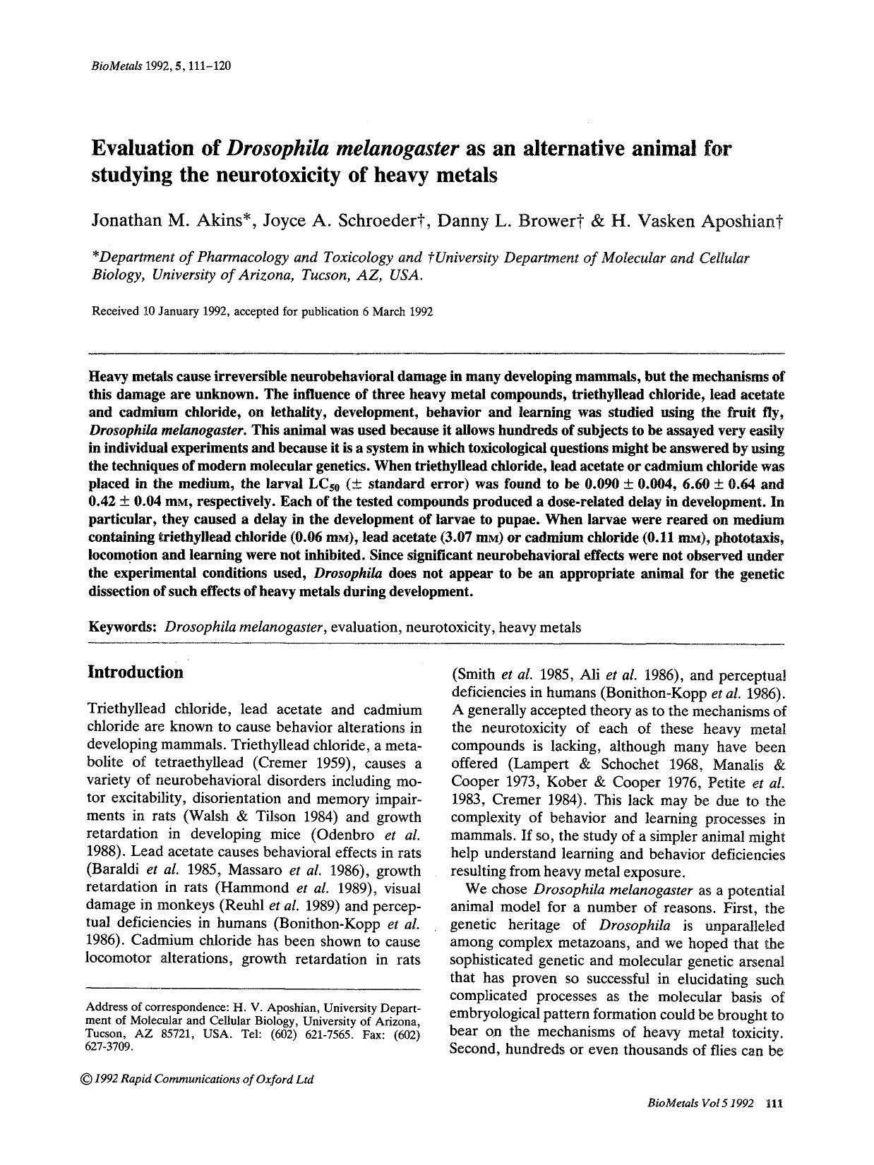 Evaluation of <Emphasis Type="Italic">Drosophila melanogaster <Emphasis> as an alternative animal for studying the neurotoxicity of heavy metals by Unknown