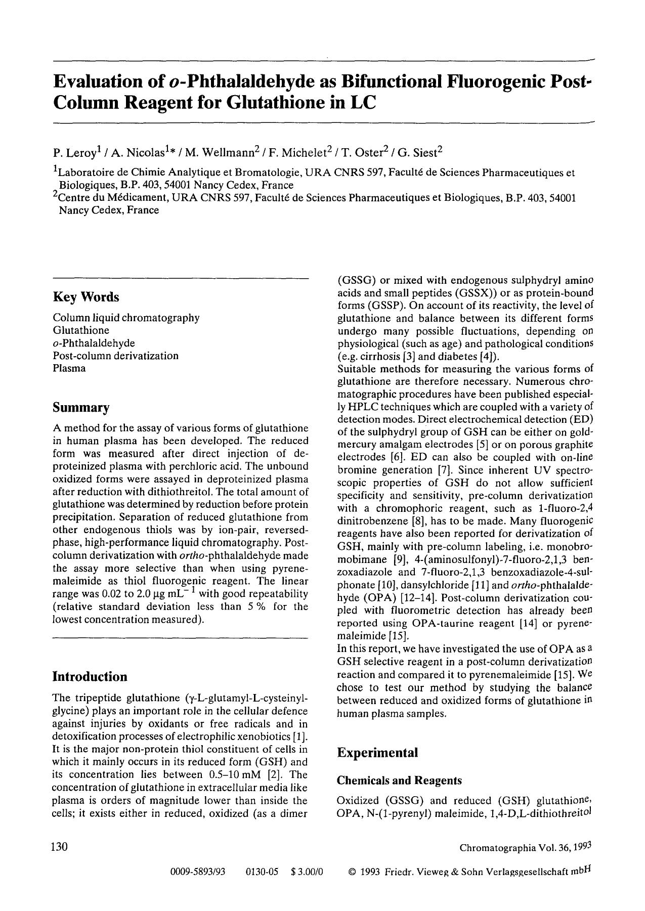 Evaluation of <Emphasis Type="Italic">o <Emphasis>-phthalaldehyde as bifunctional fluorogenic post-column reagent for glutathione in LC by Unknown